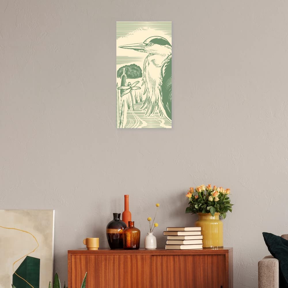 Hand-Painted Heron Woodcut Canvas Art by Mike Hughes - 13x25 Inch Ready to Hang Wall Decor for Living Room, Bedroom, Office & More - Nature Inspired Home Décor for Coastal, Modern & Rustic Interiors
