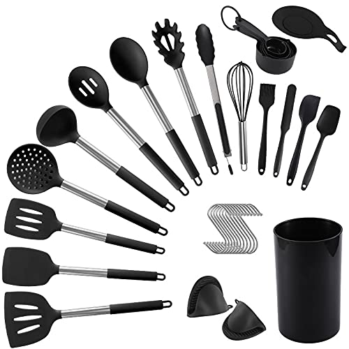 20Pcs Silicone Cooking Utensil Set with Holder - Heat Resistant to 446°F, Stainless Steel Handle Kitchen Tools for Nonstick Cookware - Includes Spatula, Spoon & Whisk - Perfect for Baking, Frying & Everyday Cooking (Black)