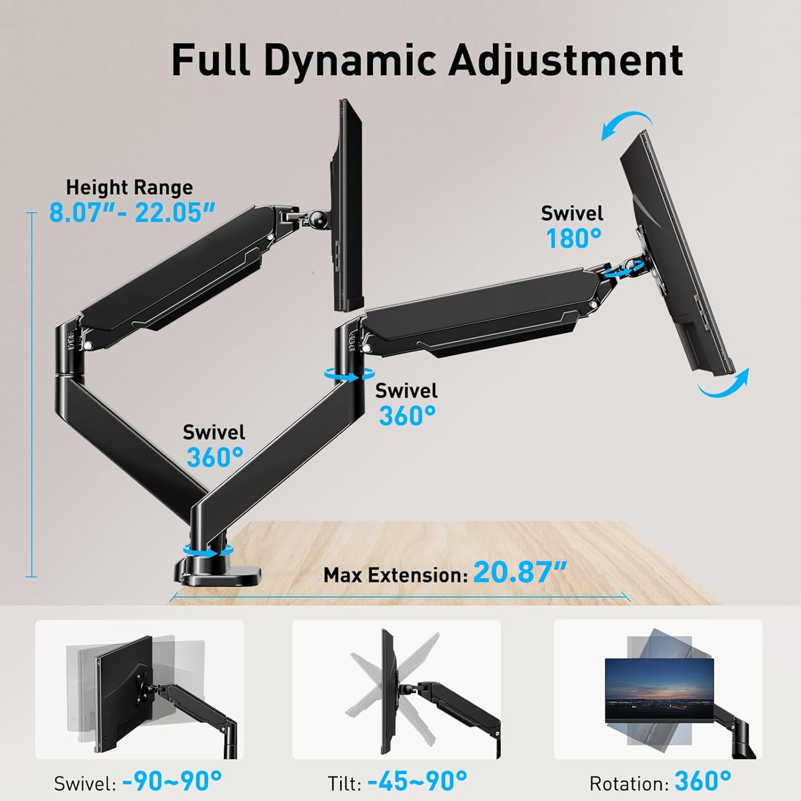 HUANUO Dual Monitor Stand for 40 Inch Ultrawide Screens - Heavy Duty Adjustable Monitor Arm with Full Motion Tilt, Swivel, Rotation - Supports 33 lbs & VESA 75x75/100x100mm - Perfect for Home Office, Gaming Setup & Workspace Ergonomics