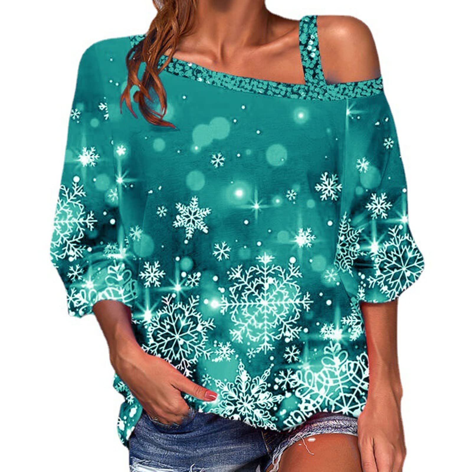 Women's Loose Casual Blouse with Snowflake Print & Skew Neck Design - Sexy Shoulder Tops for Autumn Winter Christmas - Perfect for Holiday Parties, Office Wear & Senior Women Fashion