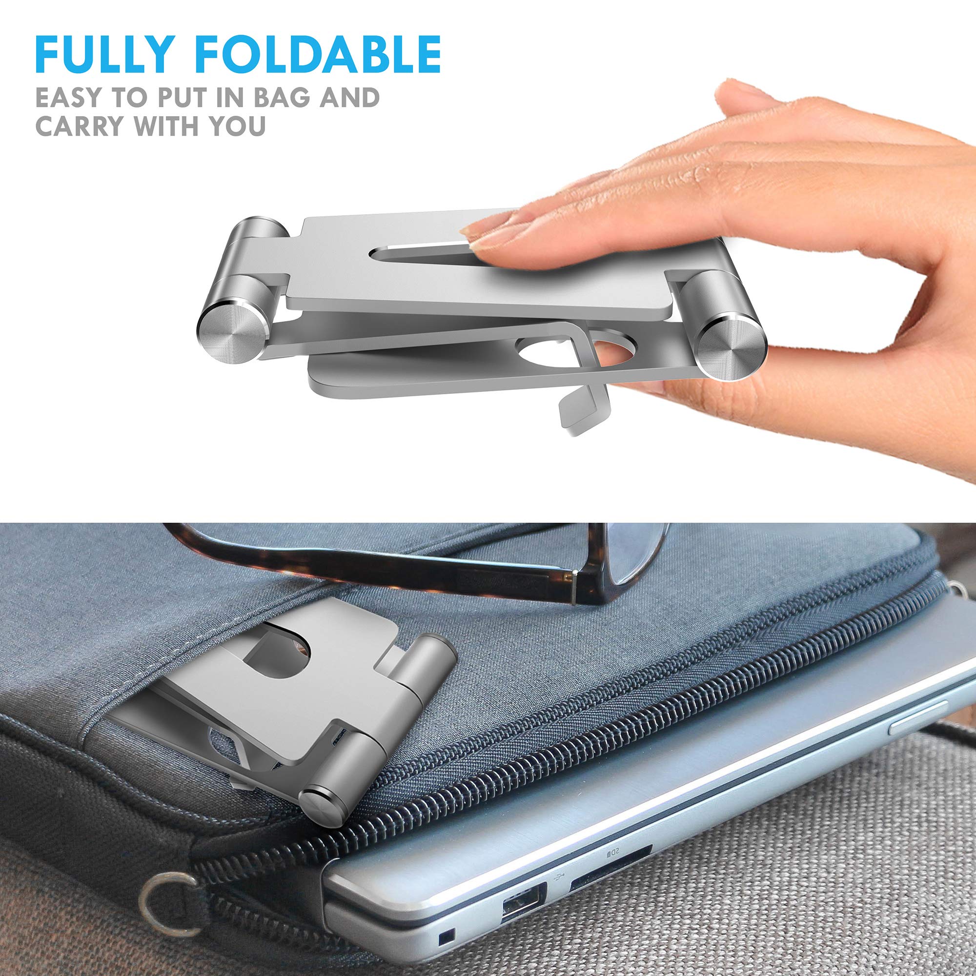 Aduro U-Rise Adjustable & Foldable Aluminum Phone Stand - Universal Cell Phone Holder for Desk, Tablet, iPhone, Samsung - Portable & Sturdy Silver Stand for Work, Watching Videos, Video Calls