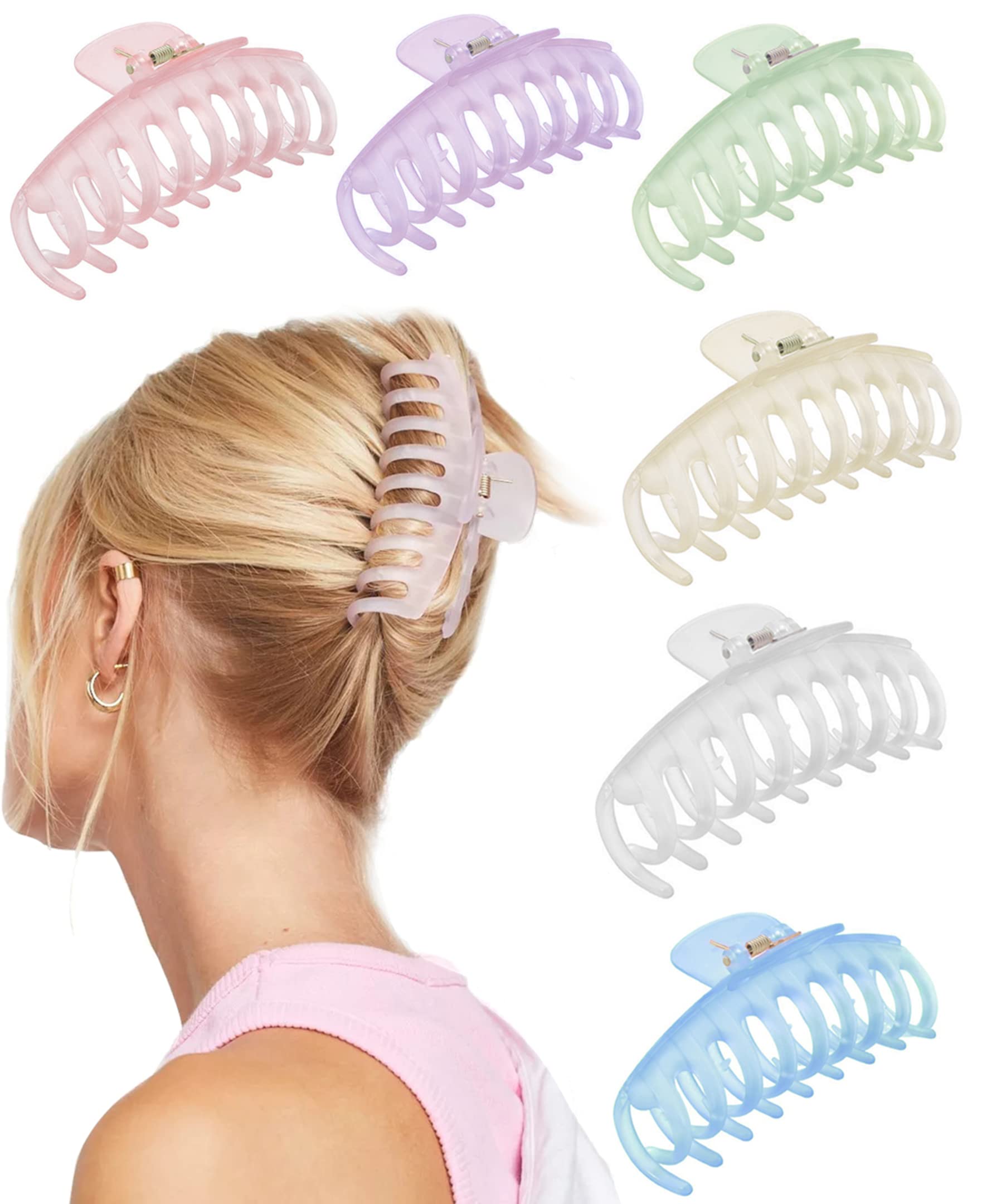 Korean Style Large Plastic Hair Claw Clips - 6 Pack Transparent Multicolor Matte Long Jaw Clutches Hair Accessories for Women & Girls | Perfect for School, Work, Beach & Everyday Hairstyles