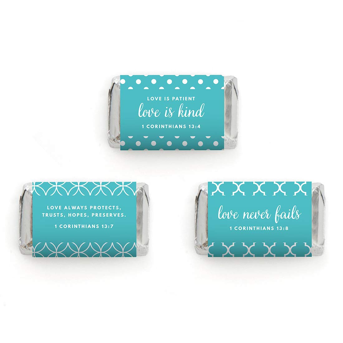 Custom Chocolate Minis Labels Trio - 36-Pack for Party Favors & Wedding Favors, Fits Chocolate Miniatures, Biblical Quotes (2 Corinthians), 20 Color Options - Perfect for Baby Showers, Bridal Parties & Holiday Gifts