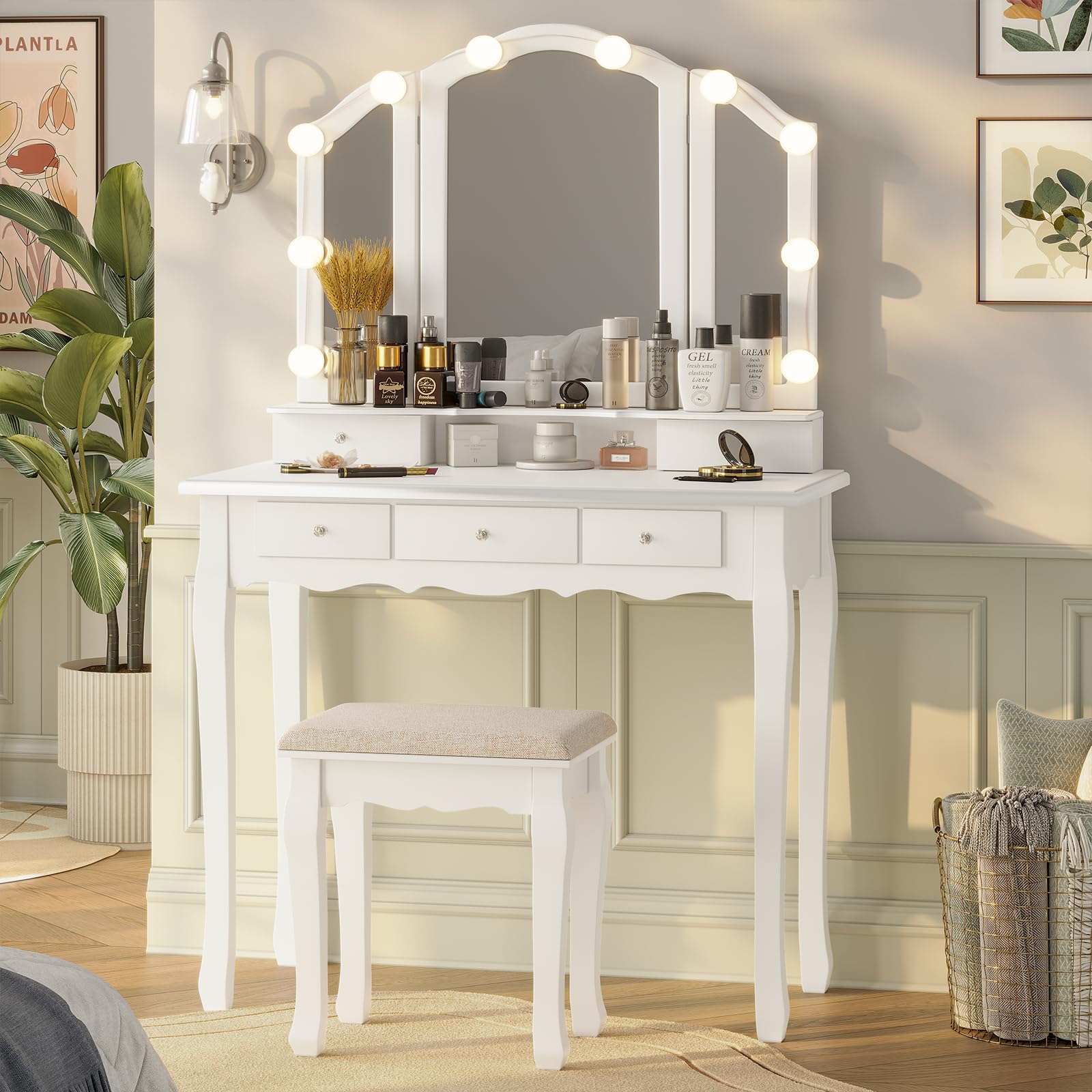 Tiptiper Makeup Vanity Set with LED Lights - White Vanity Desk with Lighted Mirror, Stool & 5 Drawers - 3 Light Modes & Adjustable Brightness for Bedroom, Dressing Room or Home Salon