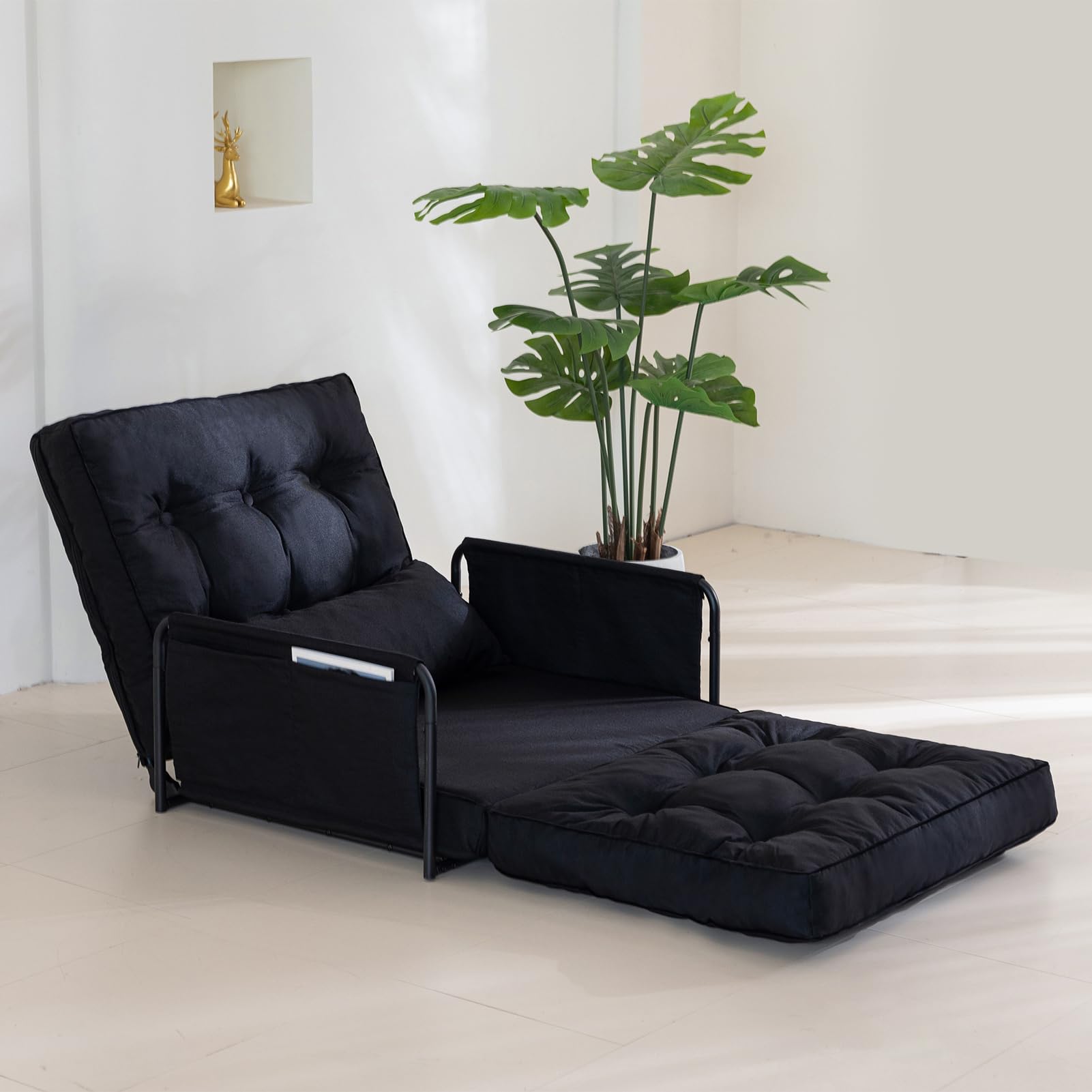 MAXYOYO Adjustable Floor Sofa Bed - Multi Functional Folding Couch Bed with Pillows for Living Room, Guest Room & Small Spaces - Single Size Black Futon for Lounge, Nap & Sleep