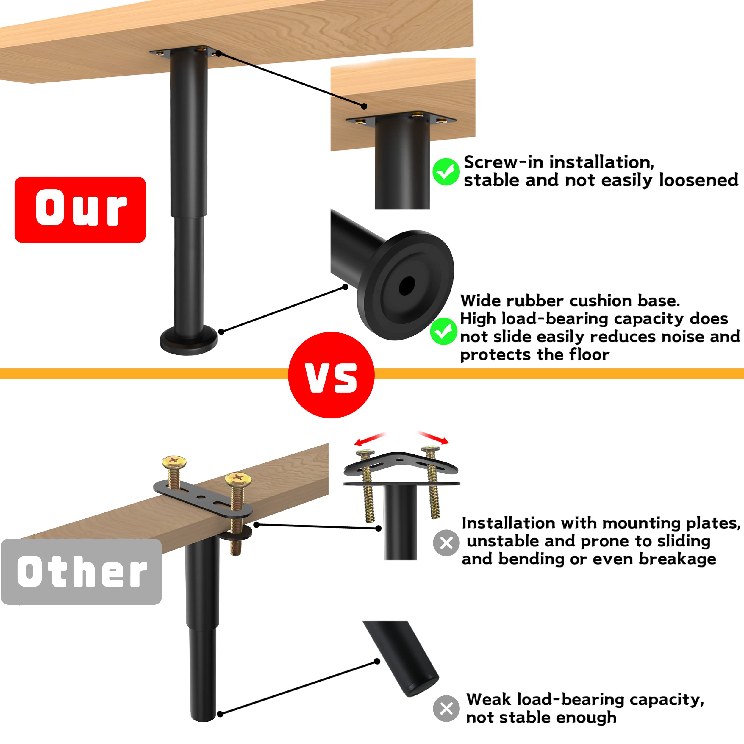 6 Pcs Adjustable Height Bed Support Legs (7.08-12.2 Inch) - Heavy Duty Metal Furniture Legs for Bed Frame, Sofa, Cabinet, Couch, Dresser & Table - Perfect for Bed Center Slat Replacement & Home Furniture Support