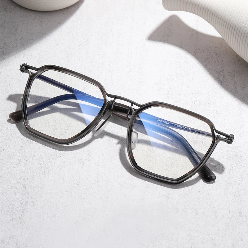 Stylish Unisex Black Acetate & Titanium Polygon Frame Eyeglasses 95867 - Perfect for Work, Reading & Fashion Accessories