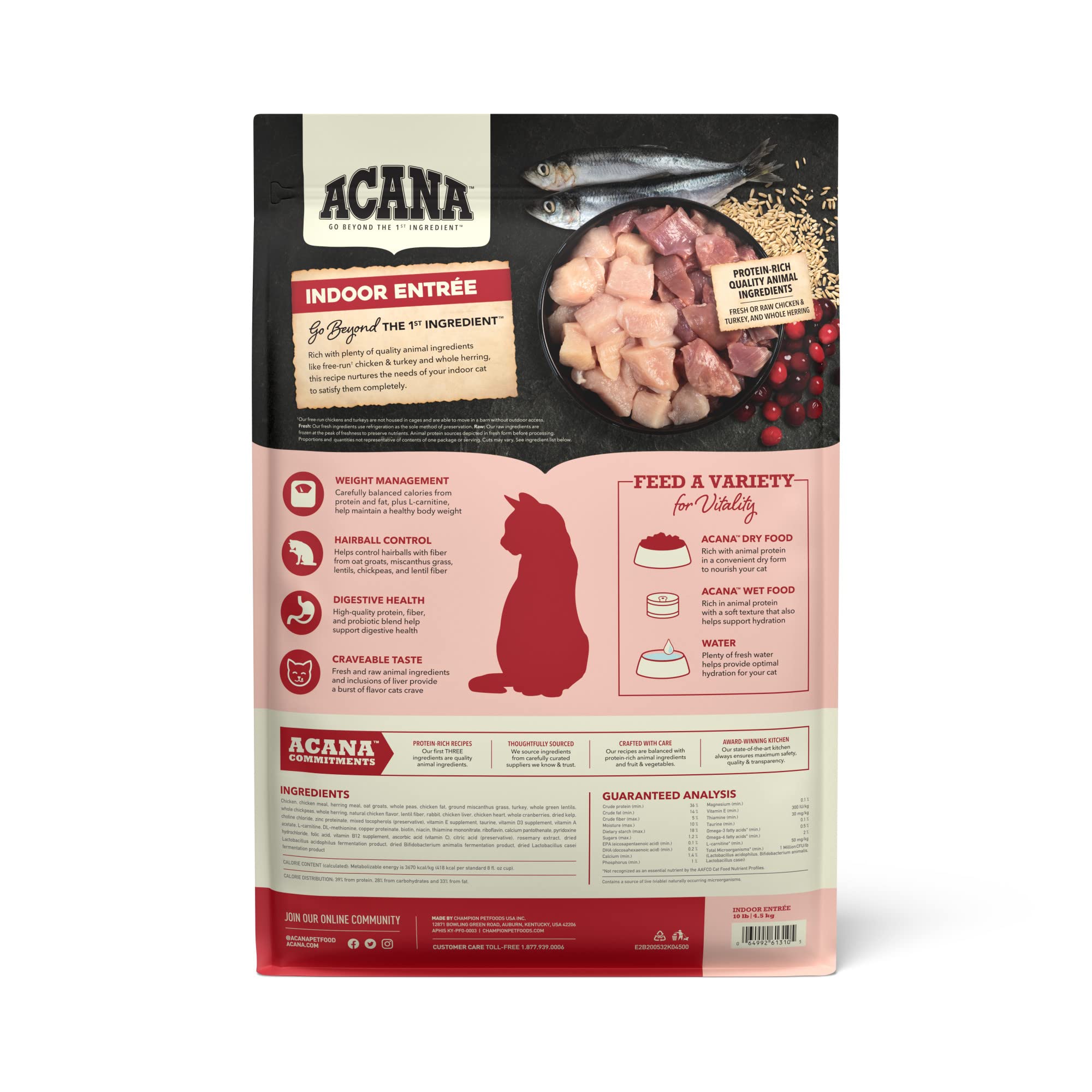 ACANA Indoor Entree Dry Cat Food for Adult Cats - Free Run Chicken & Turkey Recipe, 10 lb Bag - High Protein Grain-Free Kibble for Indoor Cats with Sensitive Stomachs | Perfect for Daily Feeding & Weight Management