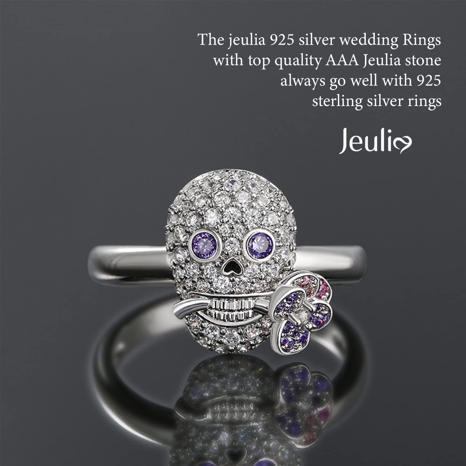 Jeulia Sterling Silver Skull Engagement Ring Set with Heart Cut White Diamond & Cubic Zirconia Flower Design - Wedding, Promise, Anniversary Jewelry for Women & Brides (Gift Box Included) - Perfect for Gothic Weddings, Unique Proposals & Alternative Fashion Statements