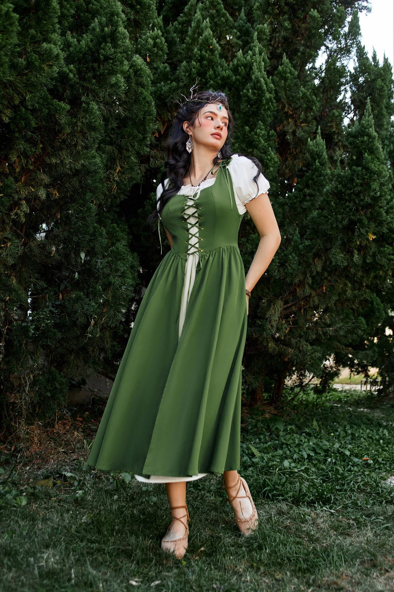 Scarlet Darkness Women's Renaissance Peasant Medieval Costume - Short Sleeve Maxi Dress for Renaissance Fairs, Halloween & Cosplay