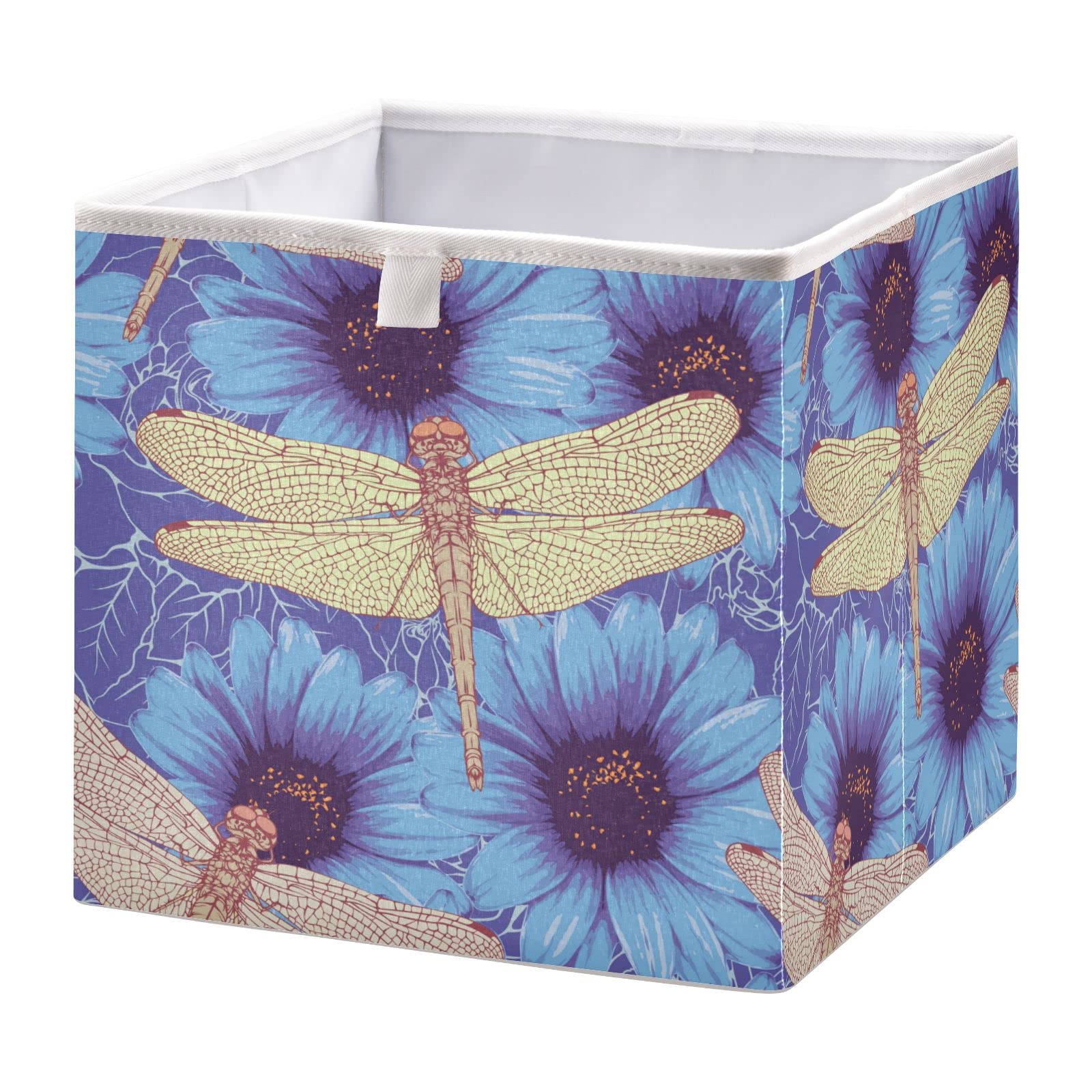 Kigai Collapsible Storage Bins with Handles - 11 Inch Fabric Cube Organizer for Home, Closet, Toys & Office | Foldable Decorative Bin with Dragonfly Blue Floral Design | Perfect for Bedroom, Nursery & Pantry Organization
