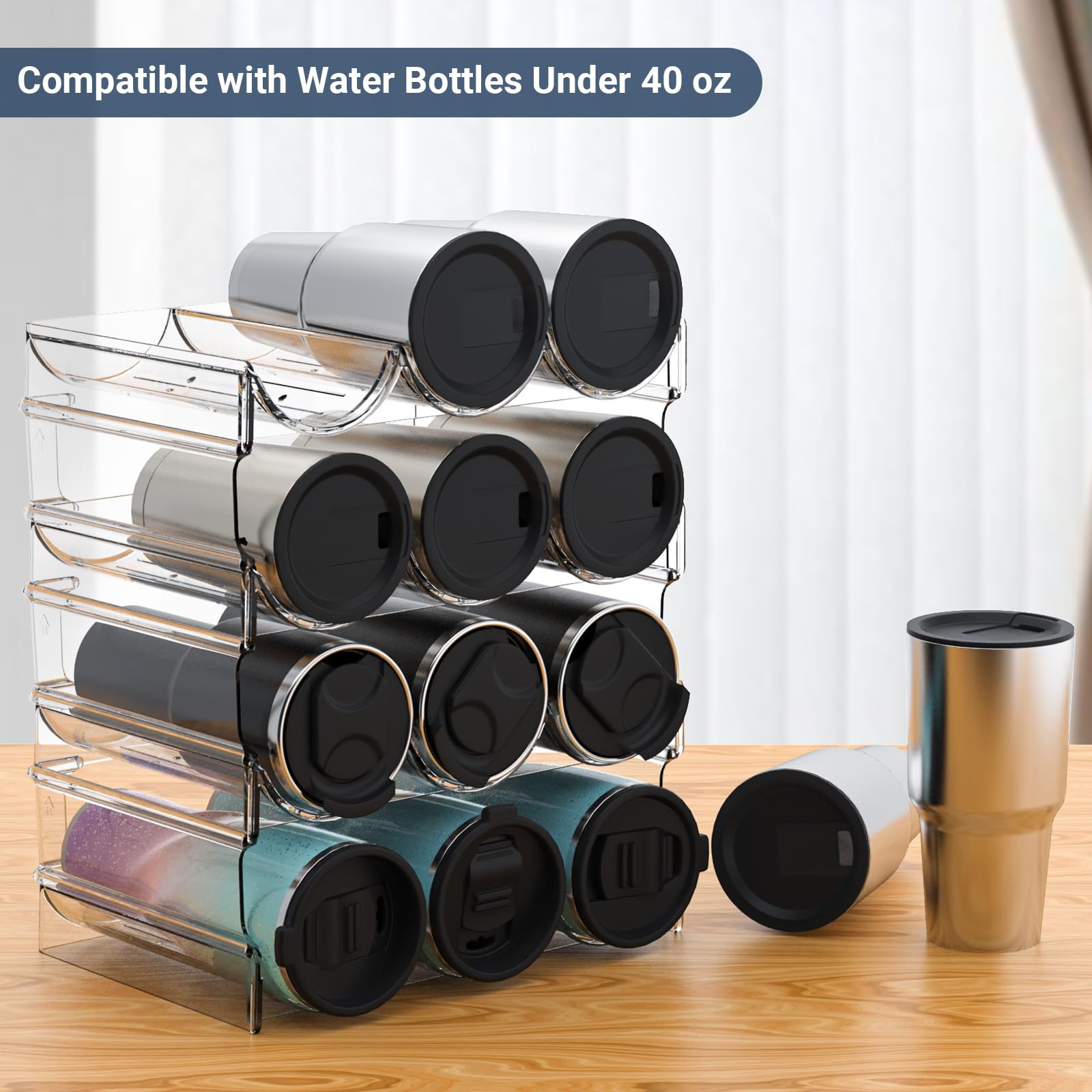 4-Tier Stackable Clear Plastic Water Bottle & Wine Storage Organizer - Holds 12 Containers, Free-Standing for Kitchen Countertops, Tables, Pantry, Bars, Cabinets & Fridge - Perfect for Home Organization & Party Drink Displays