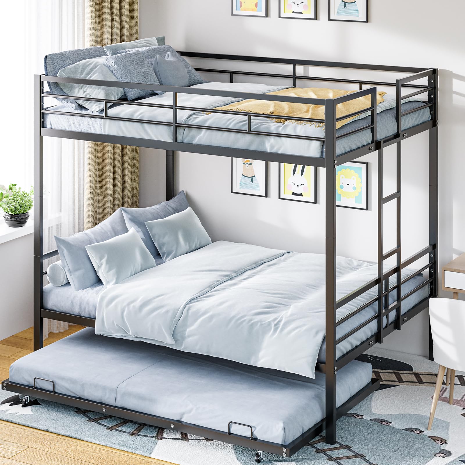 Queen Over Queen Bunk Bed with Trundle - Heavy Duty Metal Frame for Kids & Adults - Convertible 2 Beds with Ladder - Space Saving Design for Dorm, Bedroom, Guest Room - No Box Spring Needed - Perfect for Small Spaces, Vacation Homes & Shared Kids Rooms - Black