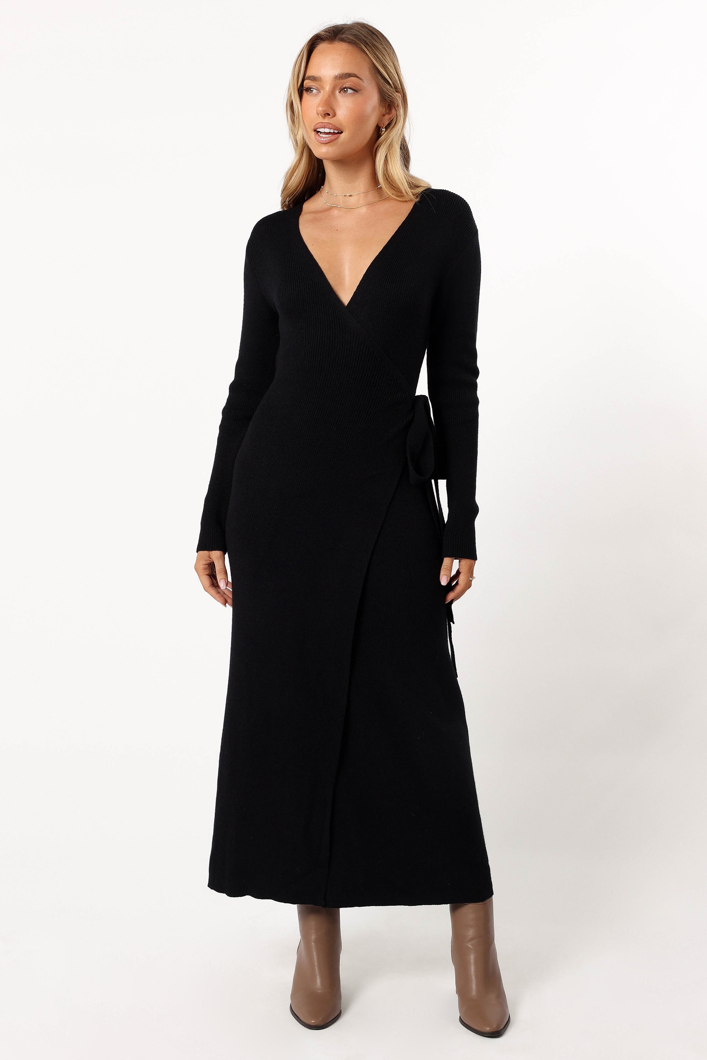 Kellan Wrap Midi Dress for Women - Elegant Black Flowy Summer Dress for Casual Wear, Date Night & Vacation | Plus Size Options Available