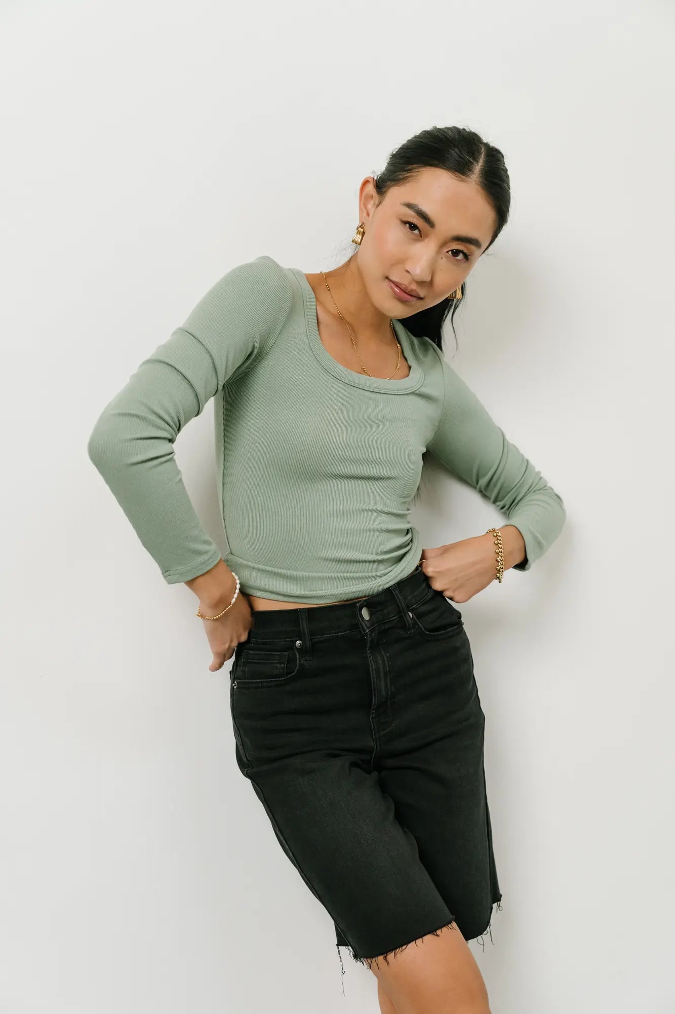 Audrey Ribbed Top in Green - Women's Stretch Knit Casual Shirt | Perfect for Everyday Wear, Layering & Office Outfits