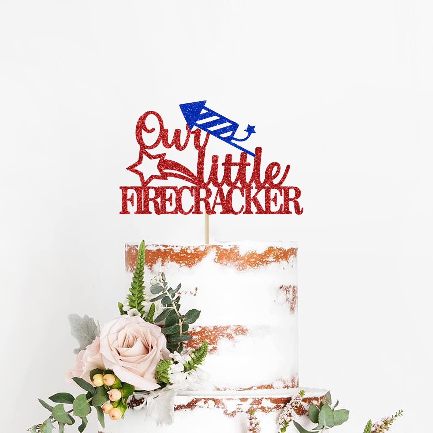 Our Little Firecracker Cake Topper - Patriotic 4th of July & 1st Birthday Cake Decorations - Red & Blue Glitter Party Supplies for Independence Day, Baby Shower & Gender Reveal Celebrations