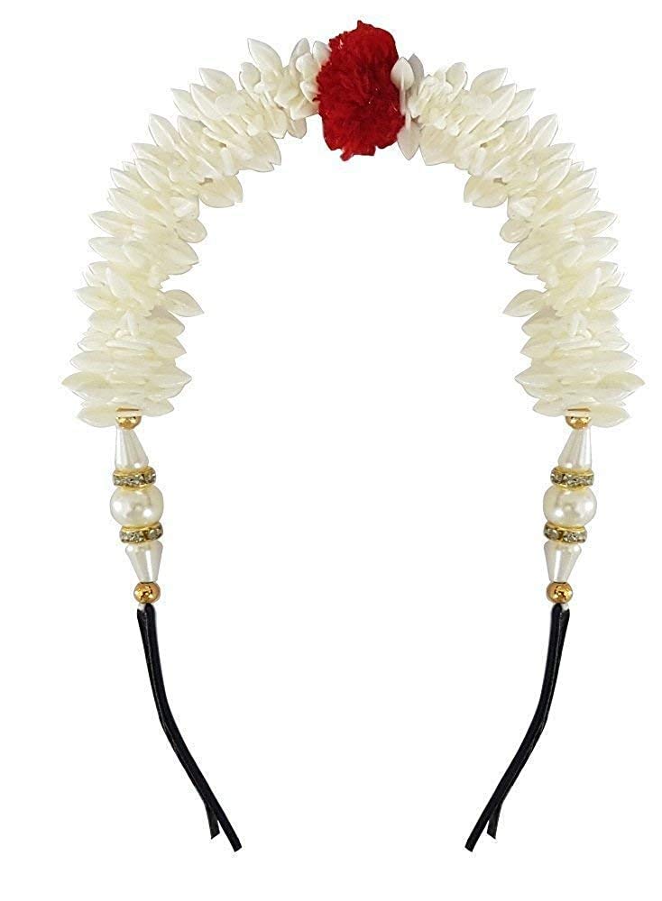 DEXO South Indian Hair Gajra with Attached Hair Pins - Traditional Bridal Hair Accessories for Women & Girls - White Floral Hair Jewelry Set of 2 (1 Pack) - Perfect for Weddings, Festivals & Special Occasions
