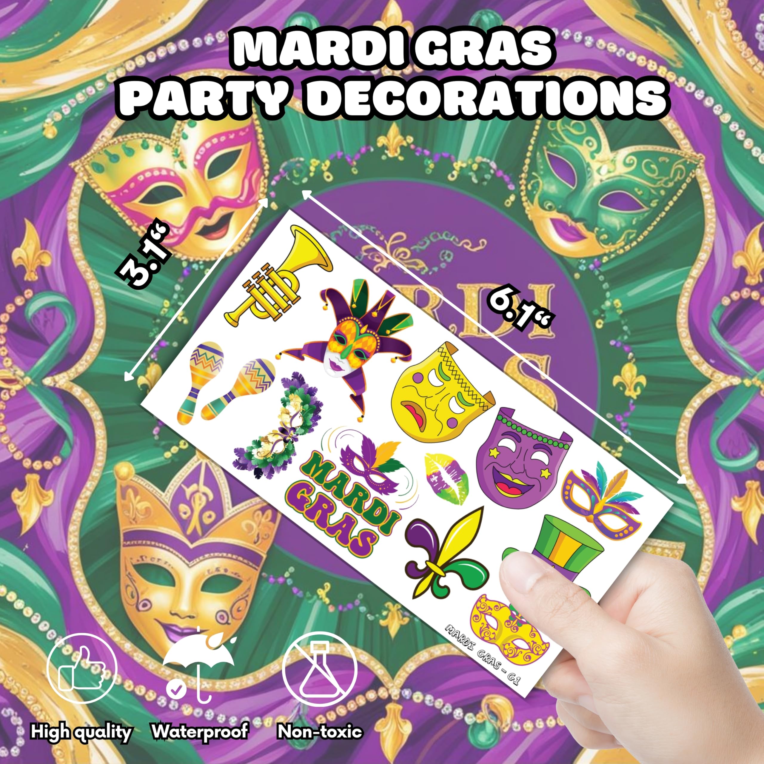 101 Pcs Mardi Gras Temporary Tattoos for Kids - Fat Tuesday Party Supplies, Masquerade Celebration Stickers, New Orleans Carnival Decorations | Perfect for Birthday Parties, Festivals & Themed Events - Fun Kids Gift Idea