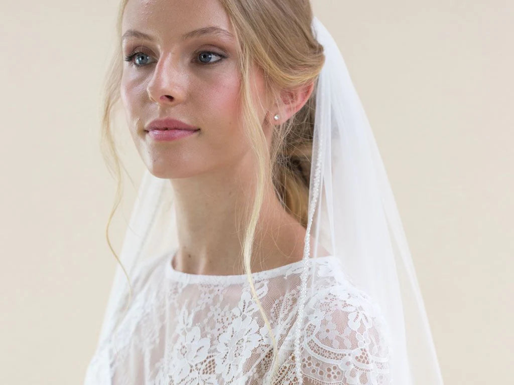 Elegant Pearl Edge Chapel Length Wedding Veil with Floral Design - Perfect for Bridal Ceremonies, Photos & Special Occasions