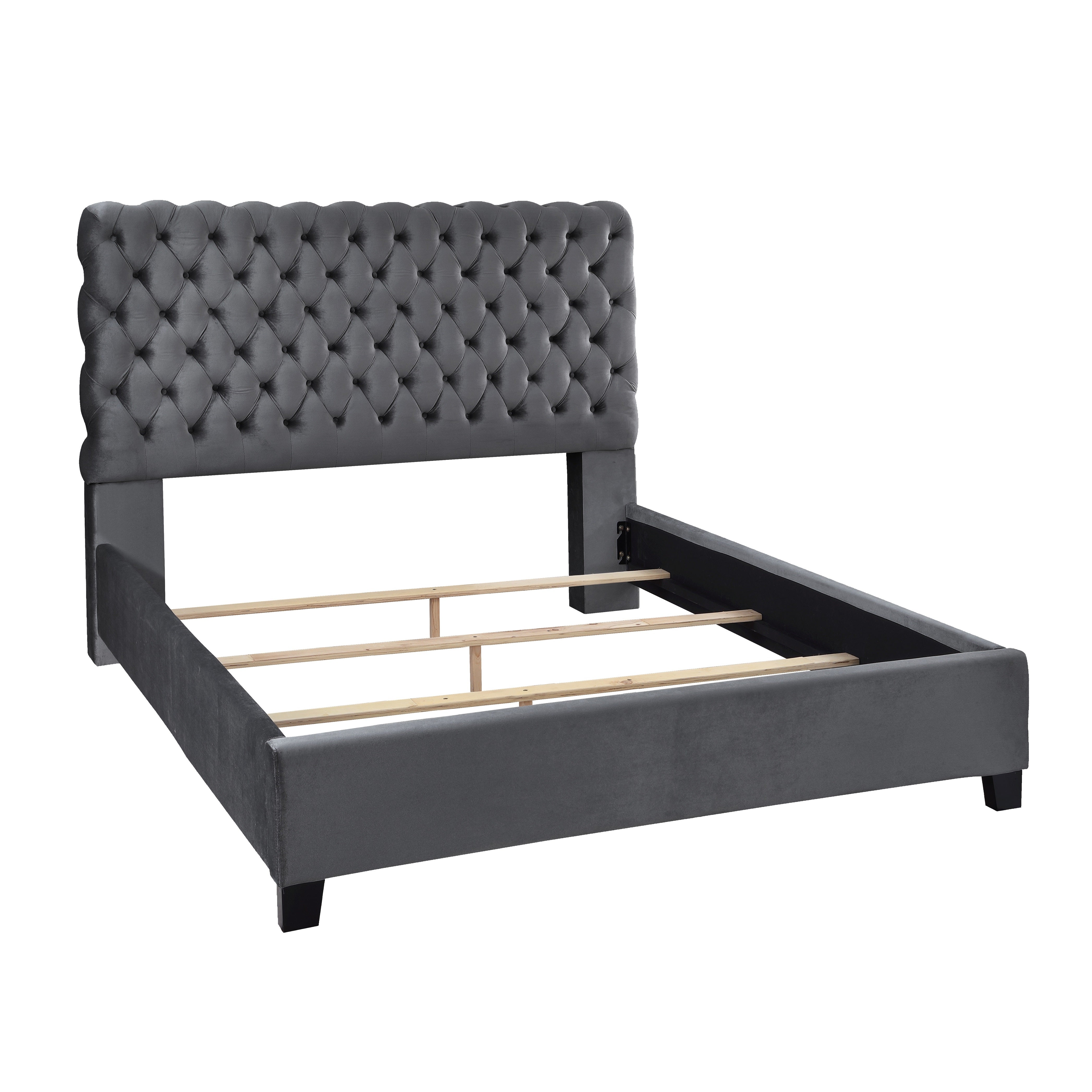 Roundhill Furniture Apoera Velvet Upholstered Button Tufted Queen Bed Frame - Soft Gray Luxe Bedroom Furniture for Master Suite & Guest Room