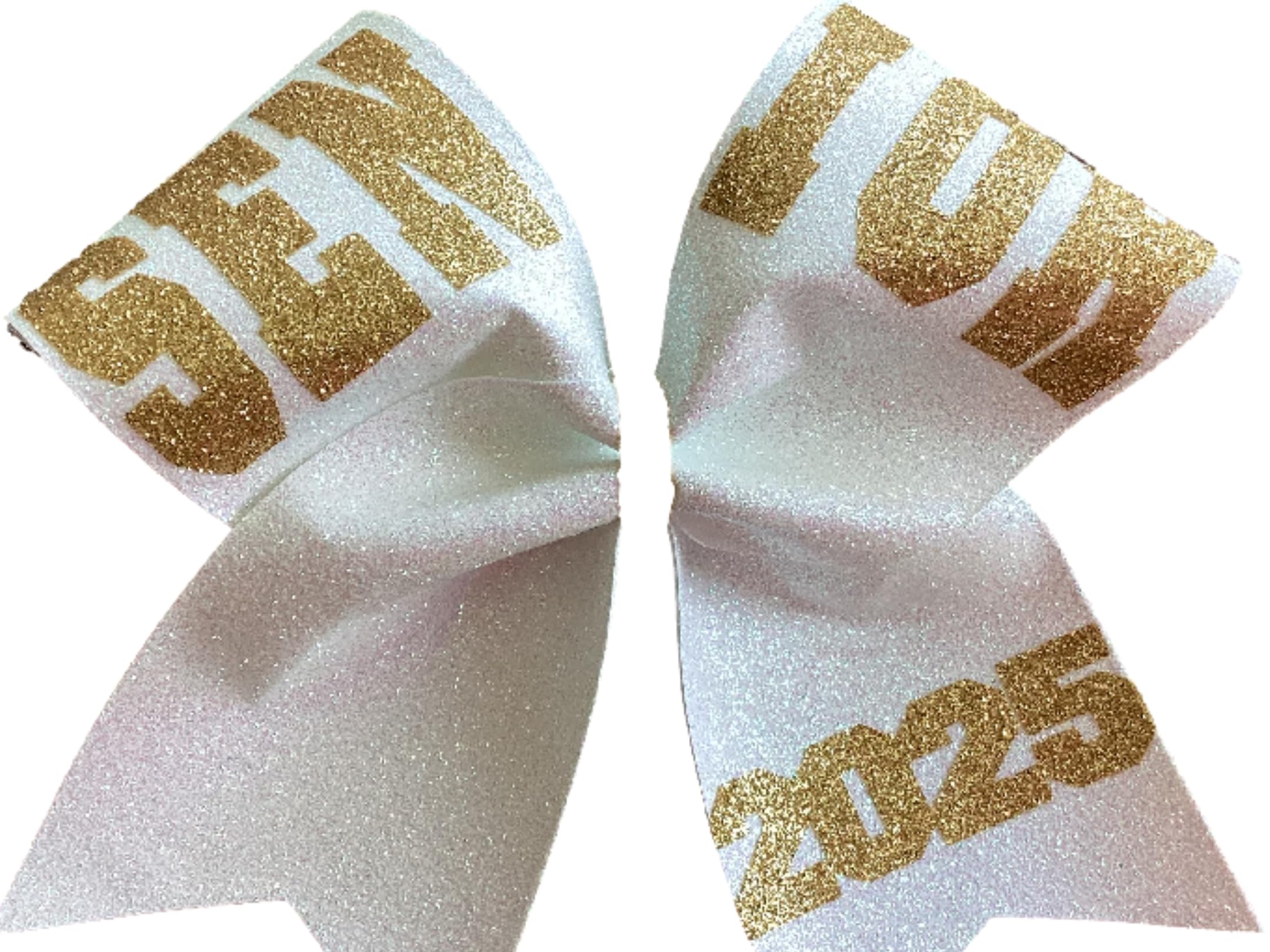 2025 White Glitter Senior Cheer Bow with Gold Lettering - Perfect for Cheerleading Competitions, School Spirit Events & Team Celebrations