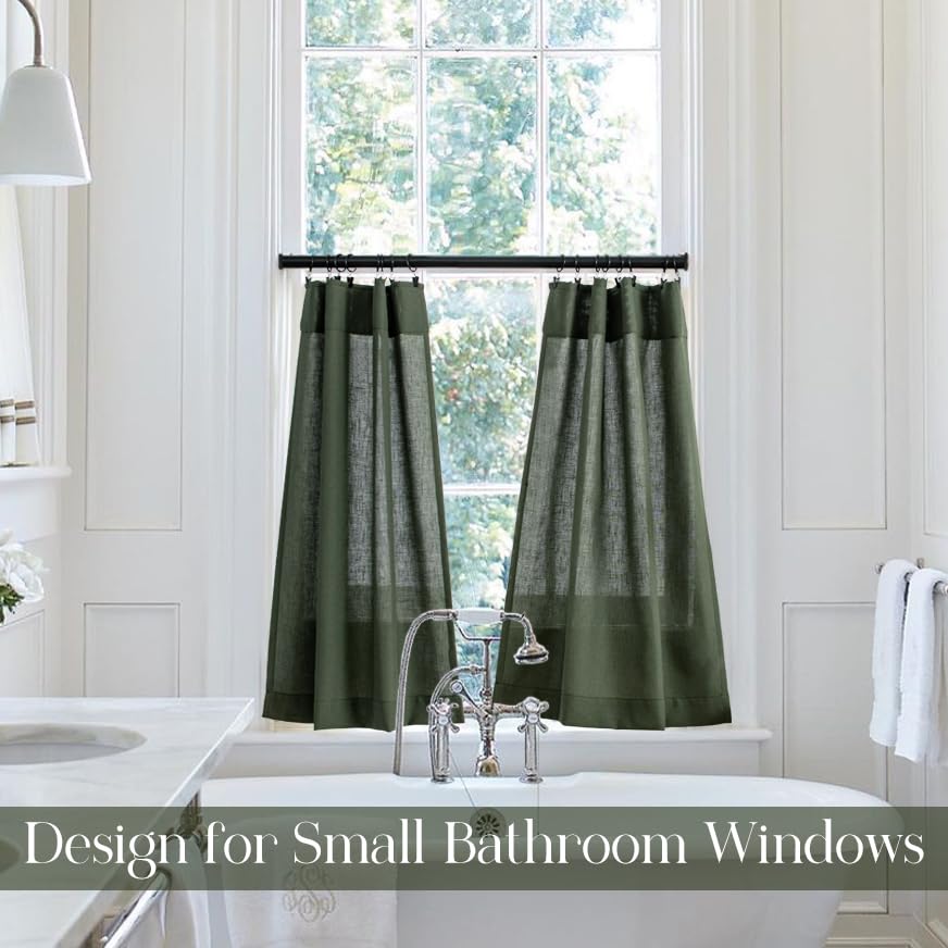 Olive Green Small Linen Kitchen Curtains - 24 Inch Length, 2 Panels, Back Tab Pocket, Light Filtering Semi Sheer - Perfect for Farmhouse, Bathroom, RV, Camper & Cabinet Windows (Ideal for Half Windows & Natural Light Control)