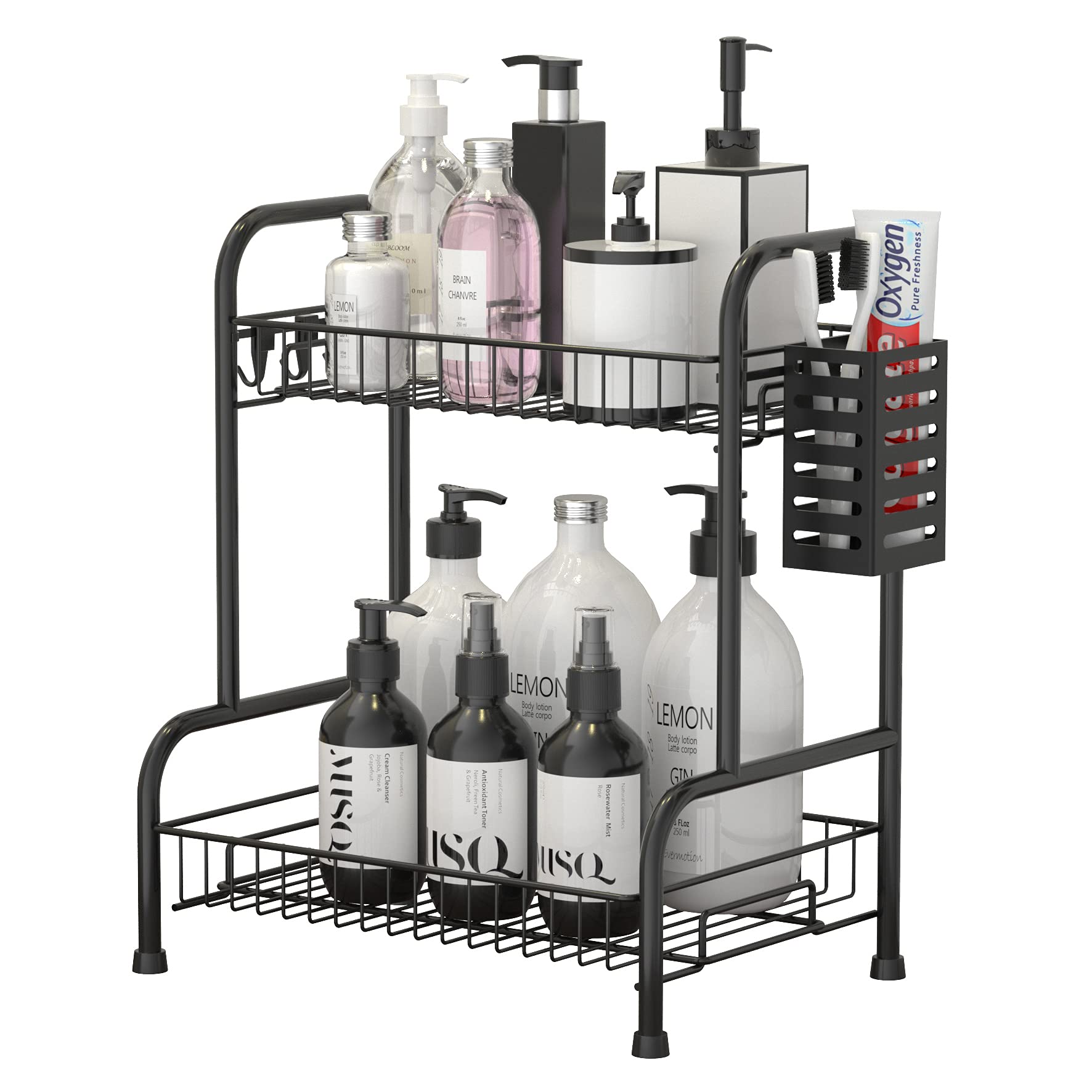 2-Tier Stainless Steel Bathroom Organizer Rack with Toiletries Basket - Toothpaste Holder & Corner Storage Caddy for Vanity Countertops - Perfect for Small Bathroom Organization & Space Saving