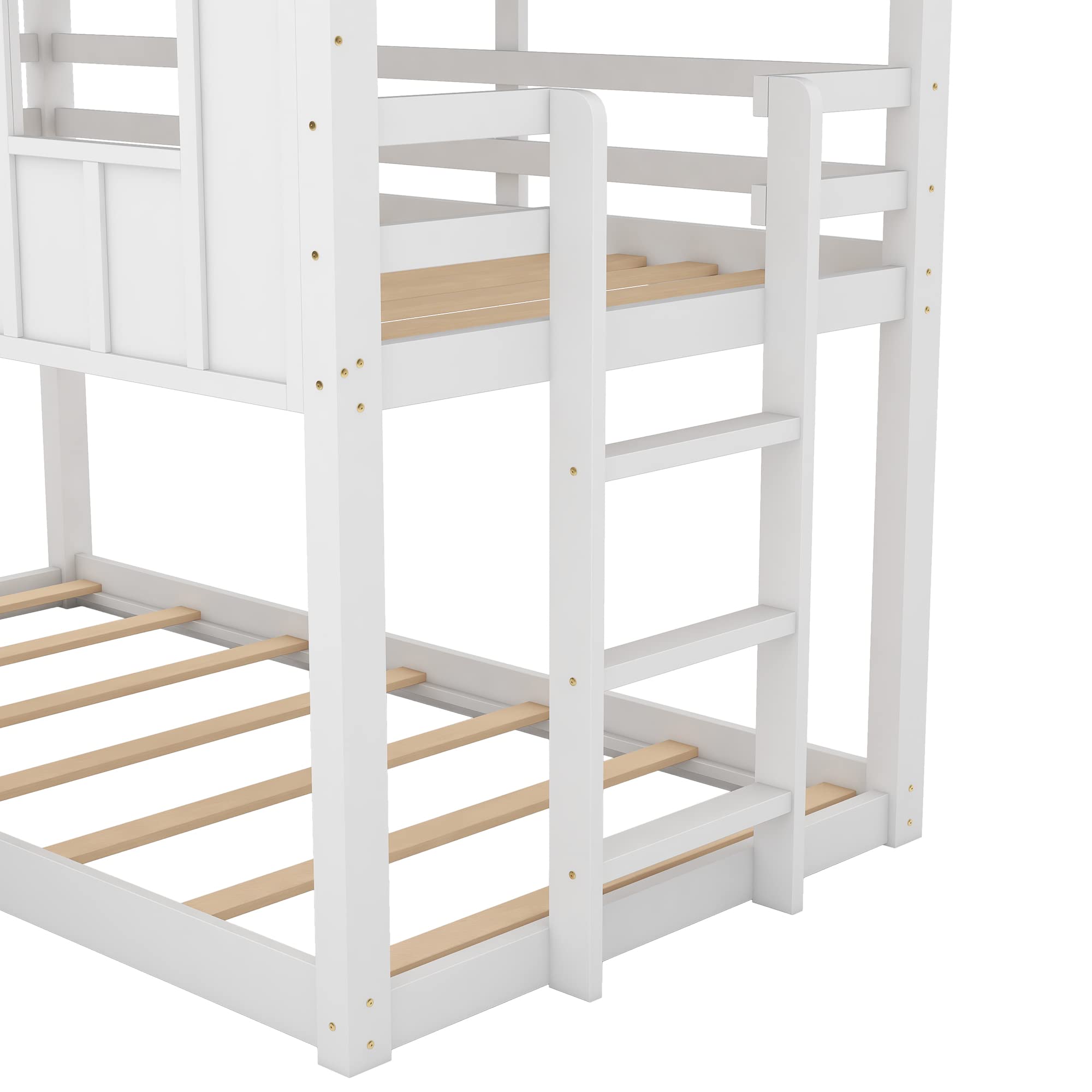 Twin Over Twin Solid Wood Bunk Bed with Slide, Safety Guardrail & Roof Window - Sturdy Low Bunk Bed Frame for Kids & Teens - Perfect for Small Bedrooms, Shared Kids' Rooms & Sleepovers