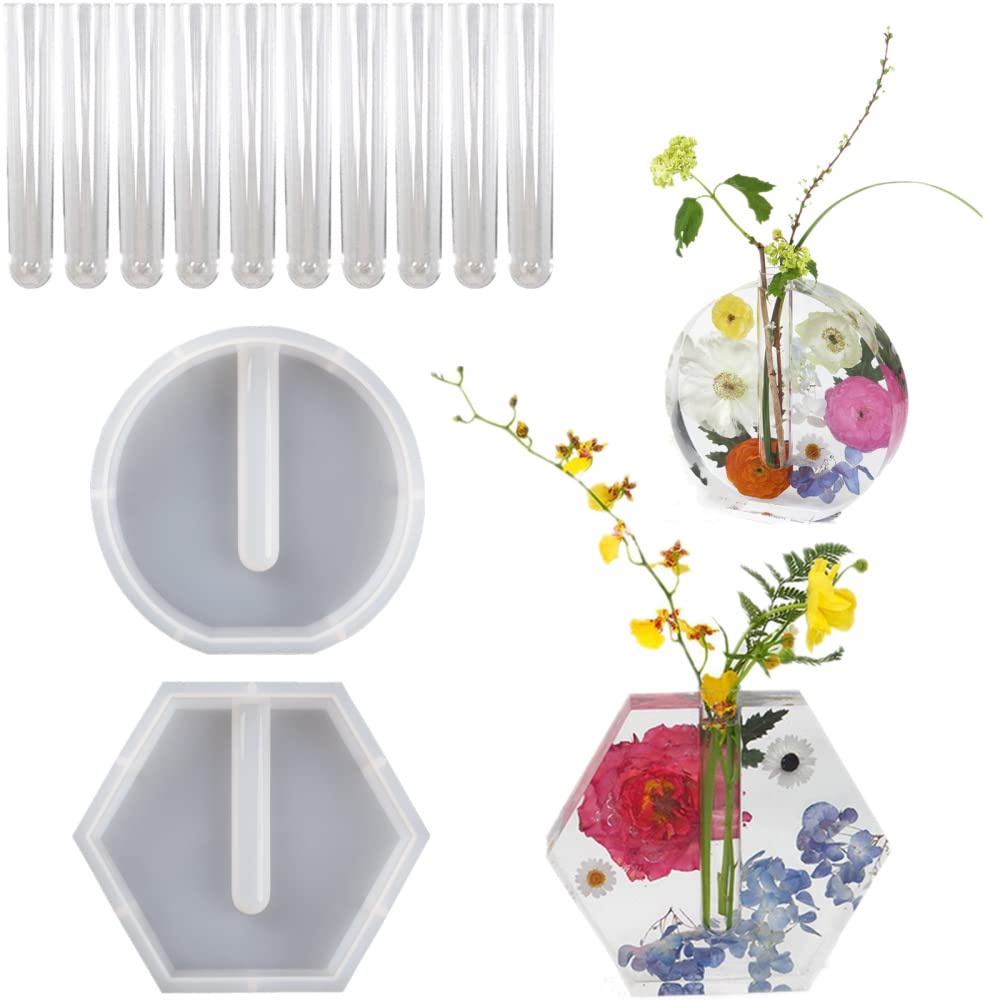 Gigicloud Silicone Vase Molds for Resin Casting - Hexagonal & Round Vase Tube Molds for Hydroponic Flower Propagation, Water Planting - Perfect for Home, Office & Desktop Decoration (DIY Craft, Plant Lover Gift)