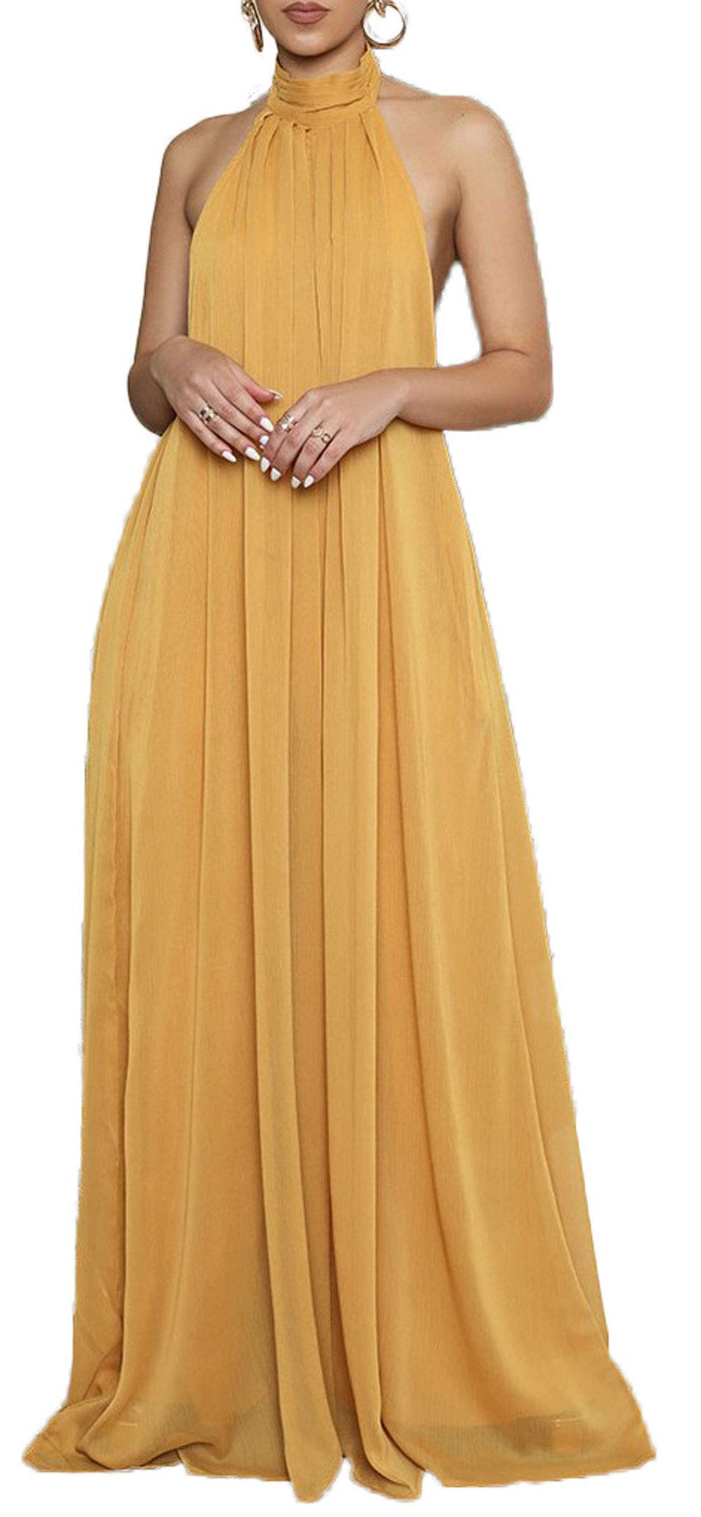 CHARTOU Women's Elegant Loose Fit Chiffon Halter Neck Backless Wide Leg Jumpsuit - Summer Beach Wedding Party Outfit