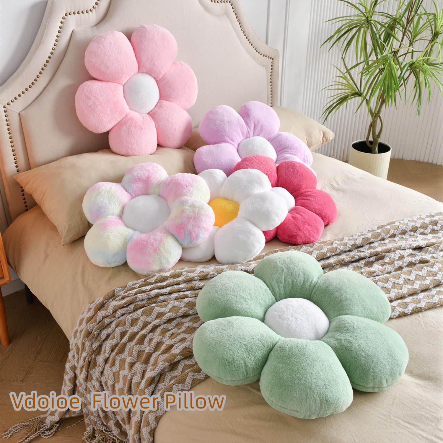 15.7 Inch Daisy Flower Shaped Throw Pillow - Green Decorative Floor Cushion for Sofa, Couch & Bed | Soft Home Decor Accent Pillow for Living Room, Nursery & Outdoor Use