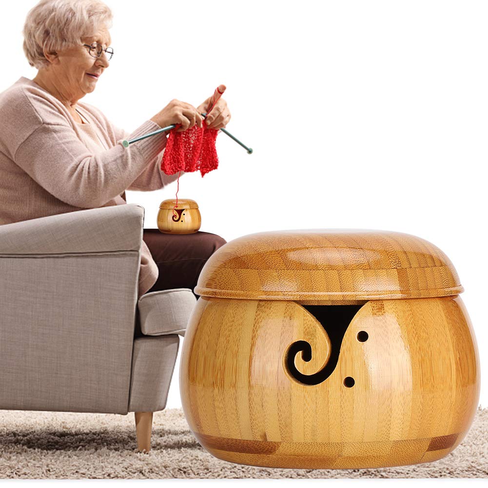 Wooden Yarn Storage Bowl with Removable Lid - Handmade Knitting & Crochet Accessories Kit - Perfect for Needlework, Crafting, and Home Decor Organization