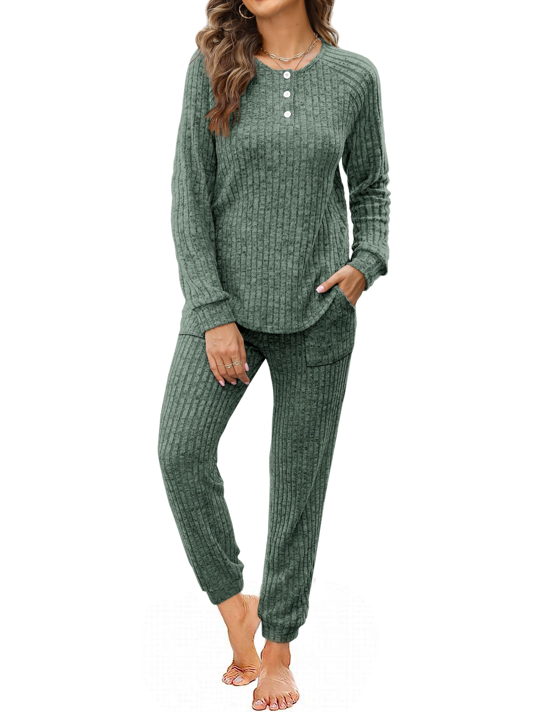 WIHOLL Women's 2-Piece Lounge Set - Button Down Sweatshirt & Sweatpants Outfit with Pockets | Casual Comfort Wear for Home, Travel & Relaxation
