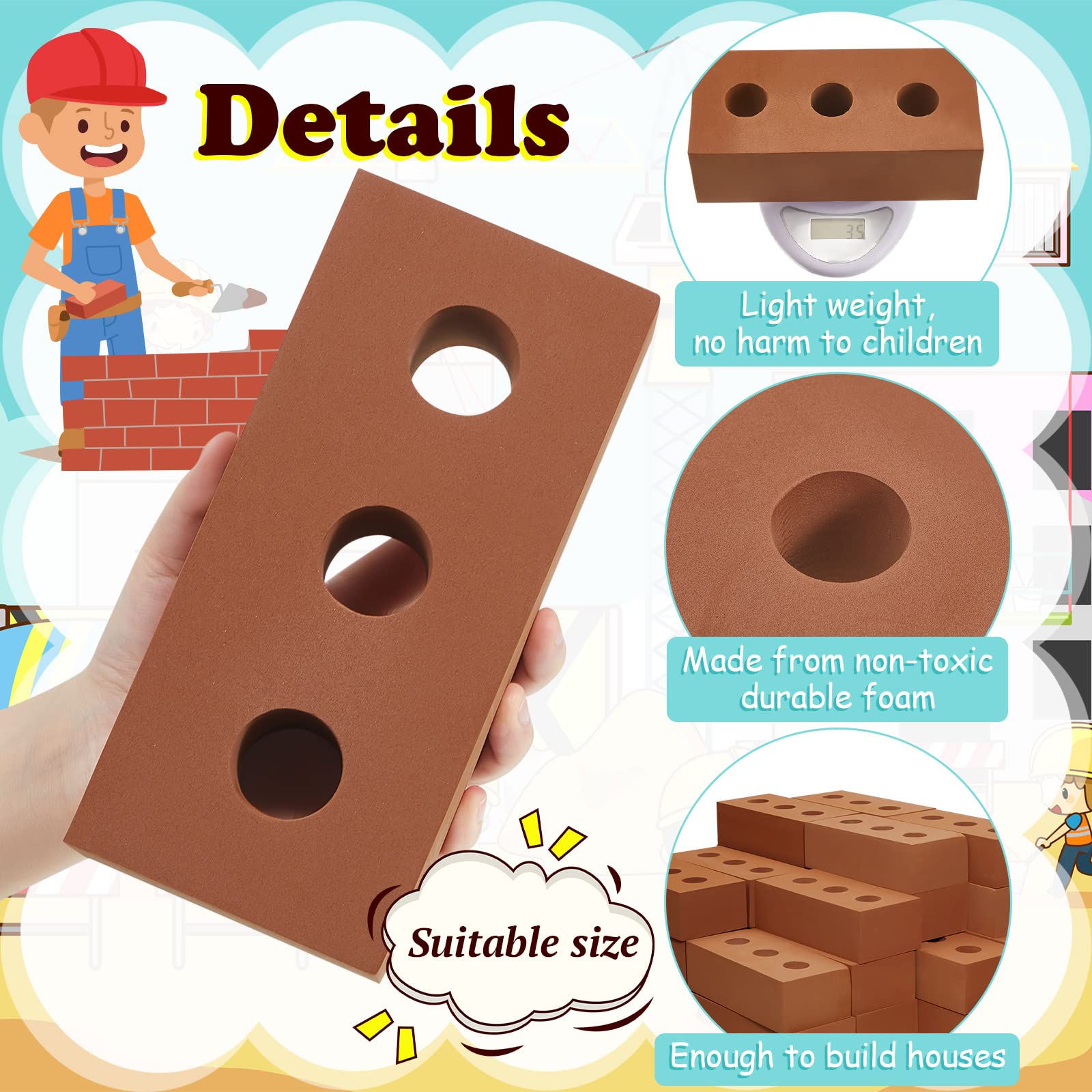 Deekin 30 Pcs Foam Brick Building Blocks for Kids - Large Thick Fake Bricks Construction Toy for Stacking, 8 x 4 x 2.4 Inches with Circle Holes - Perfect for Indoor/Outdoor Play, STEM Learning & Creative Building Activities