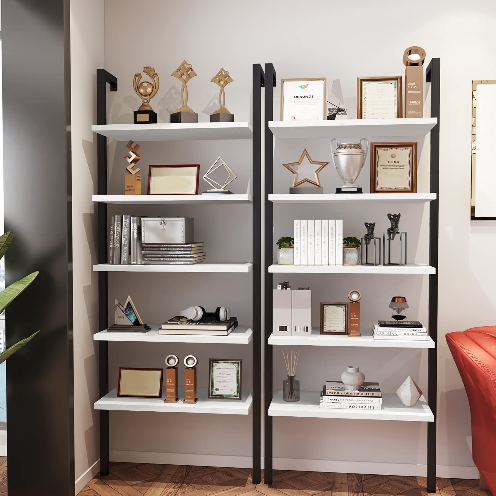 Industrial Ladder Bookshelf - 5-Tier Wall Mounted Bookcase with Metal Frame, Open Display Storage Shelf for Living Room, Bedroom, Office & Balcony | Space-Saving Home Decor, Book Organizer & Display Rack for Small Spaces