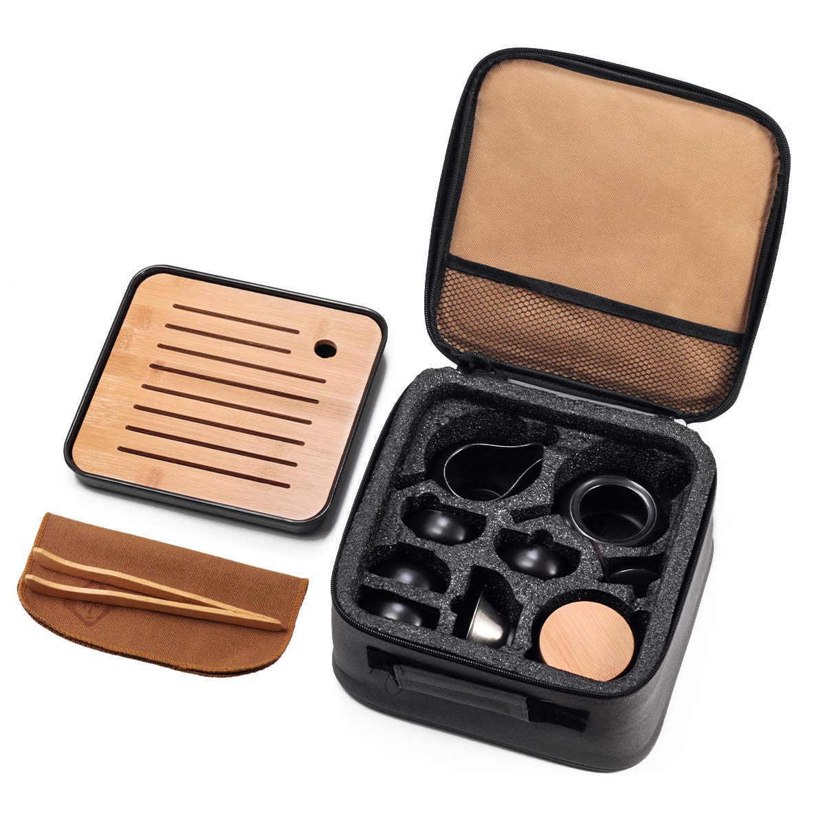 Premium Chinese Ceramic Tea Set with Tray & Infuser - Portable Travel Tea Pot & Cups in All-in-One Bag for Outdoor, Picnic, Business & Hotel Use (Black) - Perfect for Home, Office & Gifting