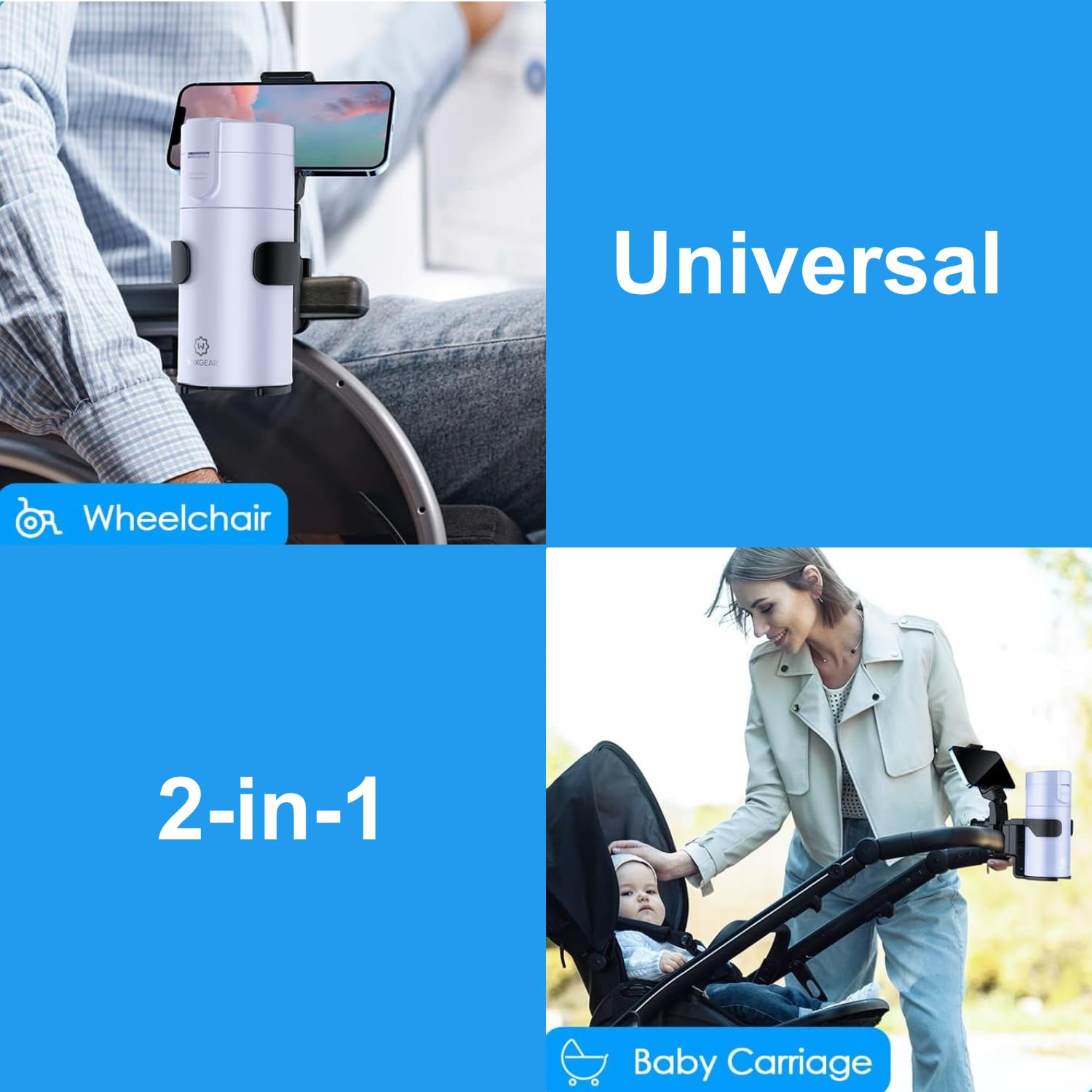 WixGear Universal Stroller Cup Holder with Adjustable Phone Stand - 2-in-1 Drink & Smartphone Holder for Baby Strollers, Wheelchairs, Walkers - Perfect for Parents, Caregivers & Outdoor Activities