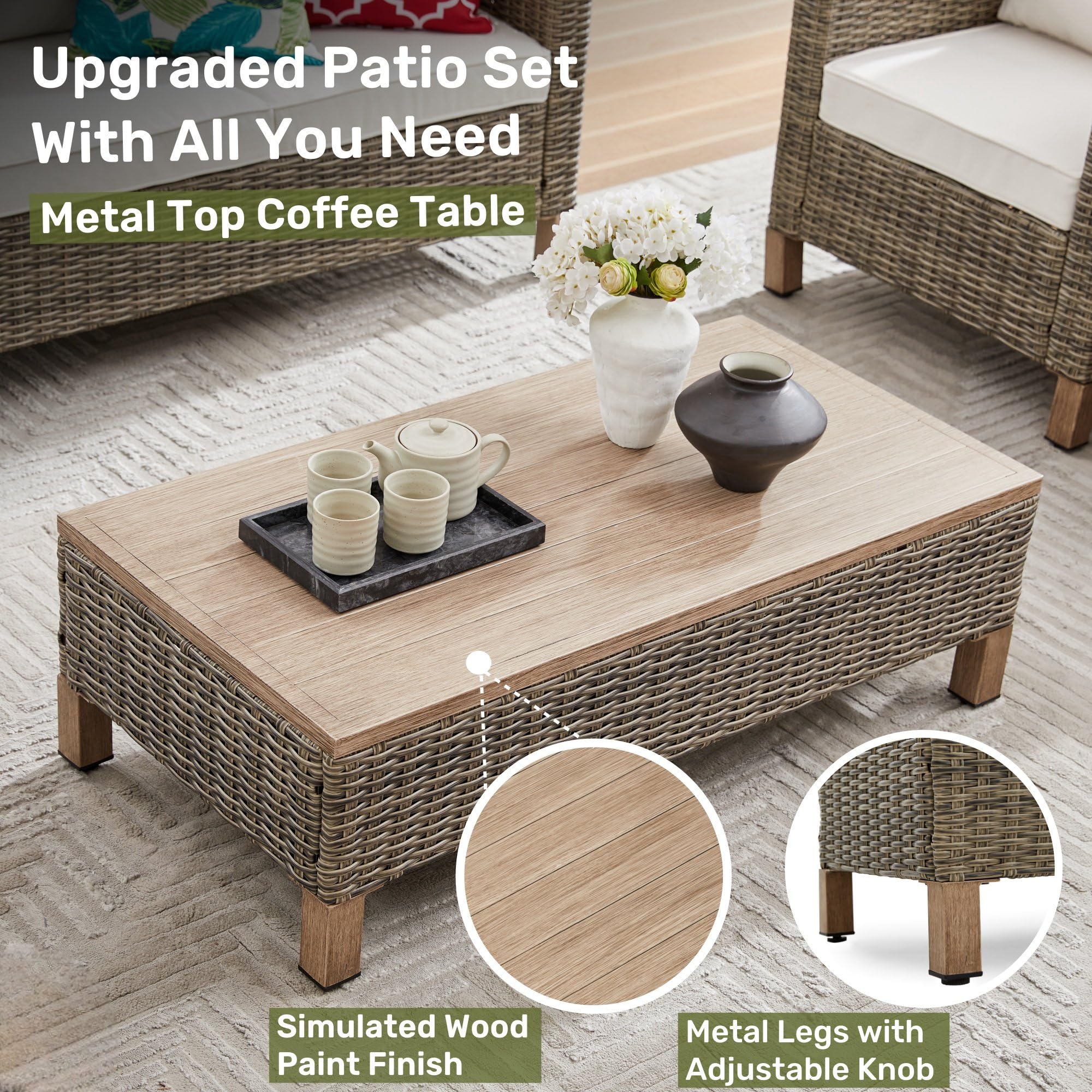 Outdoor PE Wicker Coffee Table with Metal Top - 43.3