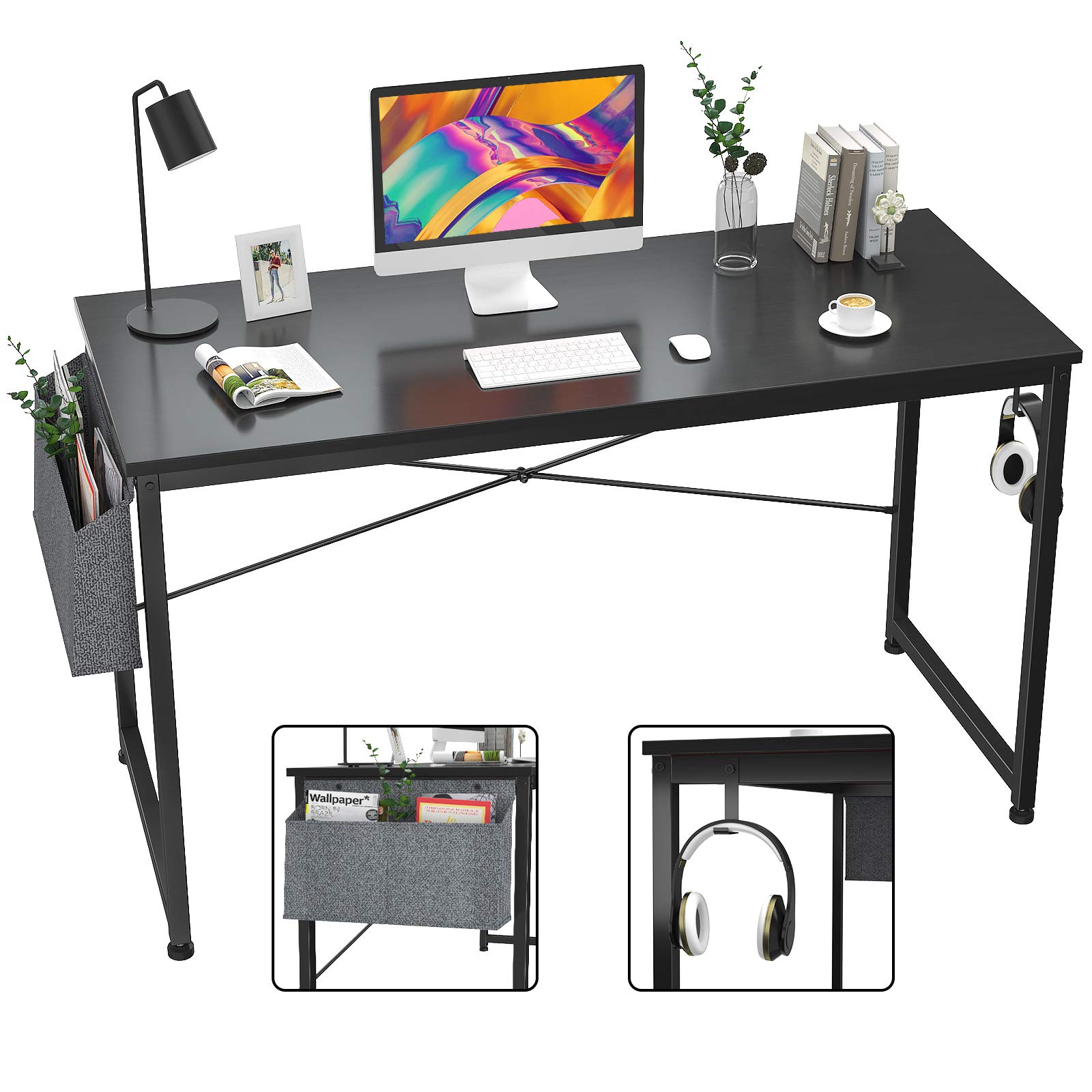 HomVent 47-inch Modern Computer Desk - Home Office Desk, Writing Study Table with Storage Bag, Waterproof & Durable (Black) - Perfect for Small Spaces, Remote Work, and Online Learning