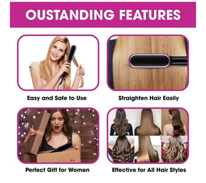 Professional Hair Straightener Comb for Men & Women - Electric Straightening & Smoothing Brush with Ceramic Plates - Perfect for Home, Travel & Salon Styling (Grey)