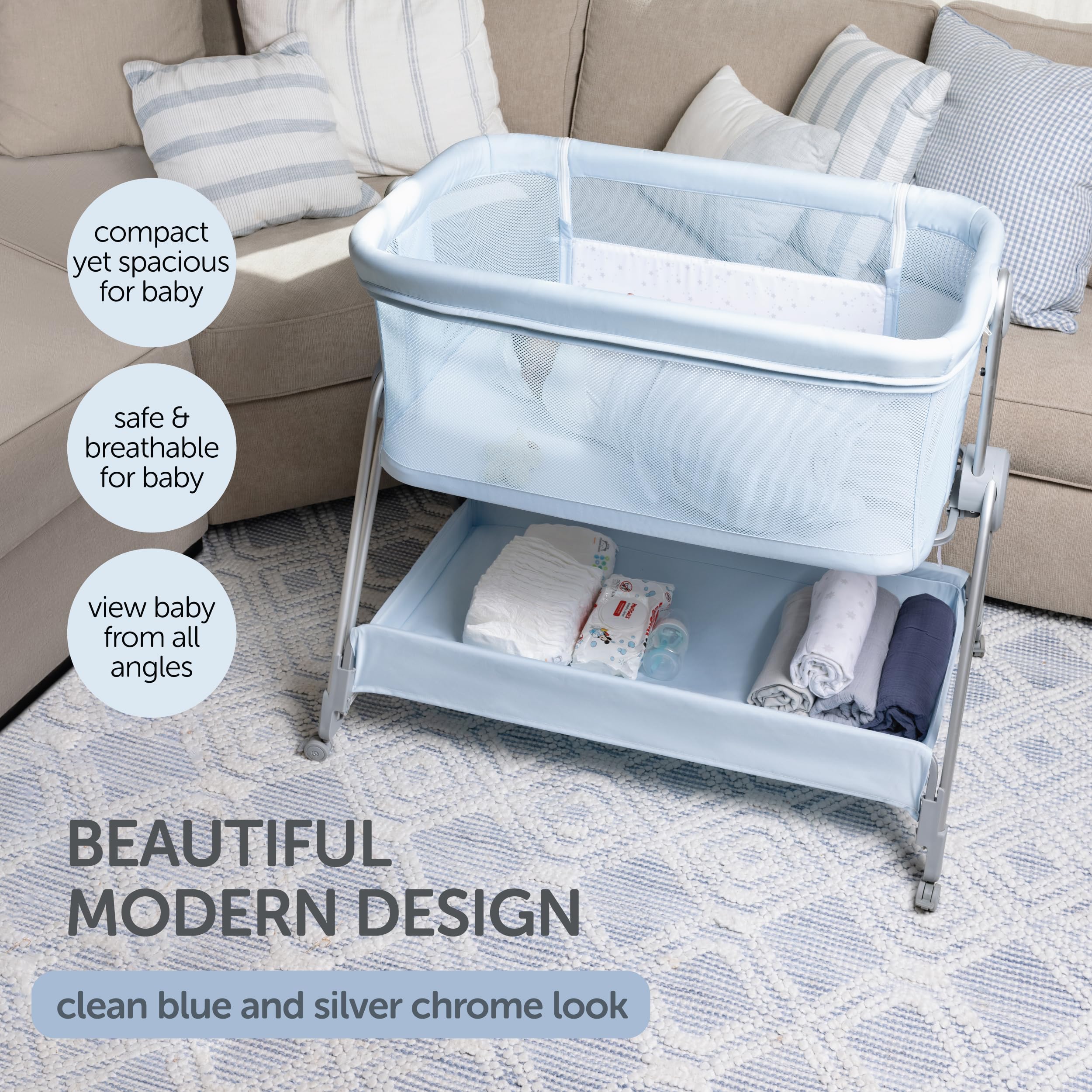 Adjustable Height Baby Bedside Sleeper & Bassinet with Wheels - Portable Foldable Crib Attaches to Parents Bed - Safe Co-Sleeping Solution for Newborns & Infants (Blue) - Perfect for Nursery, Bedroom & Travel Use
