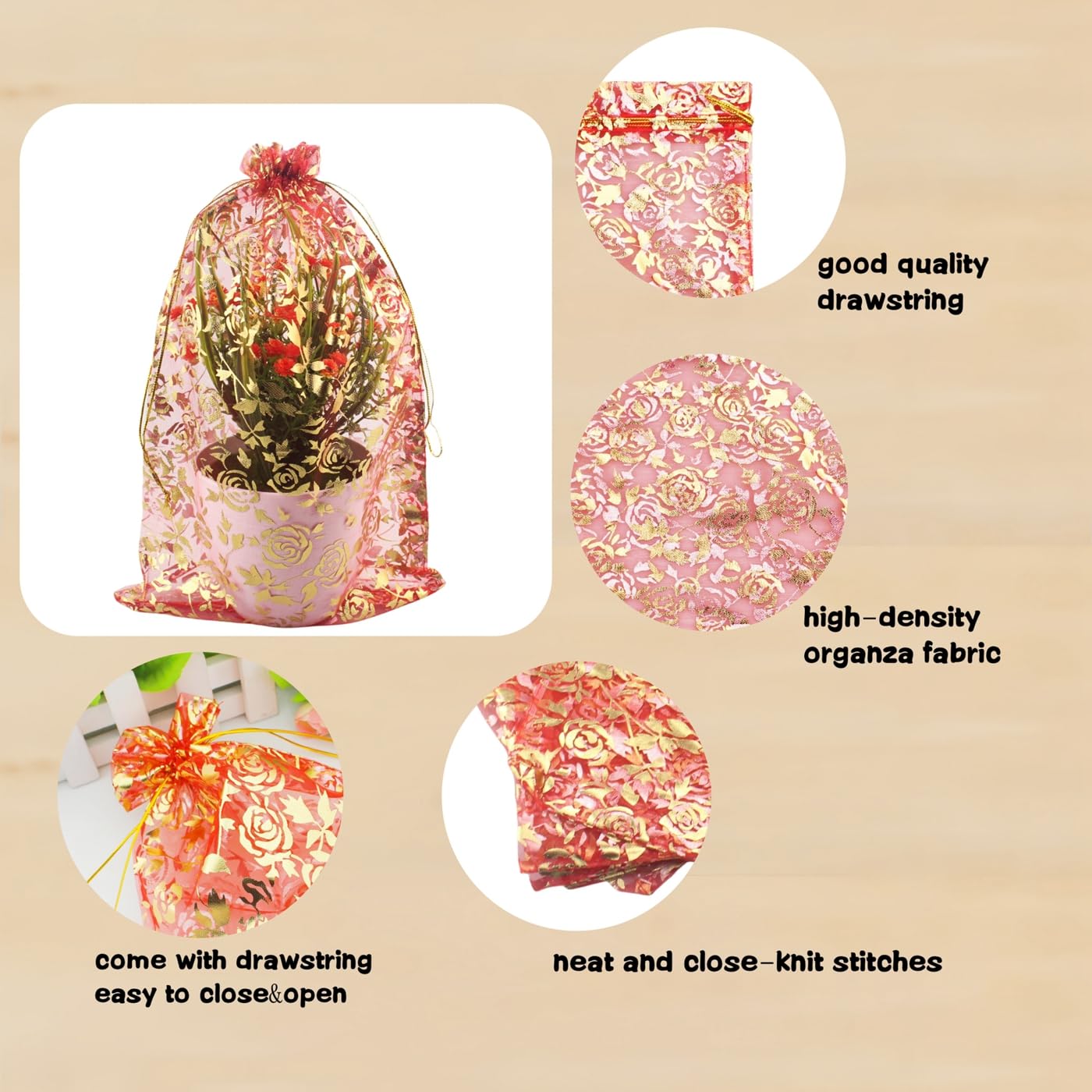 8 x 12 Inch 100pcs Red Floral Organza Drawstring Bags - Heart Shaped Jewelry Gift Pouch for Wedding Favors, Candy, Party Decorations & Small Item Storage