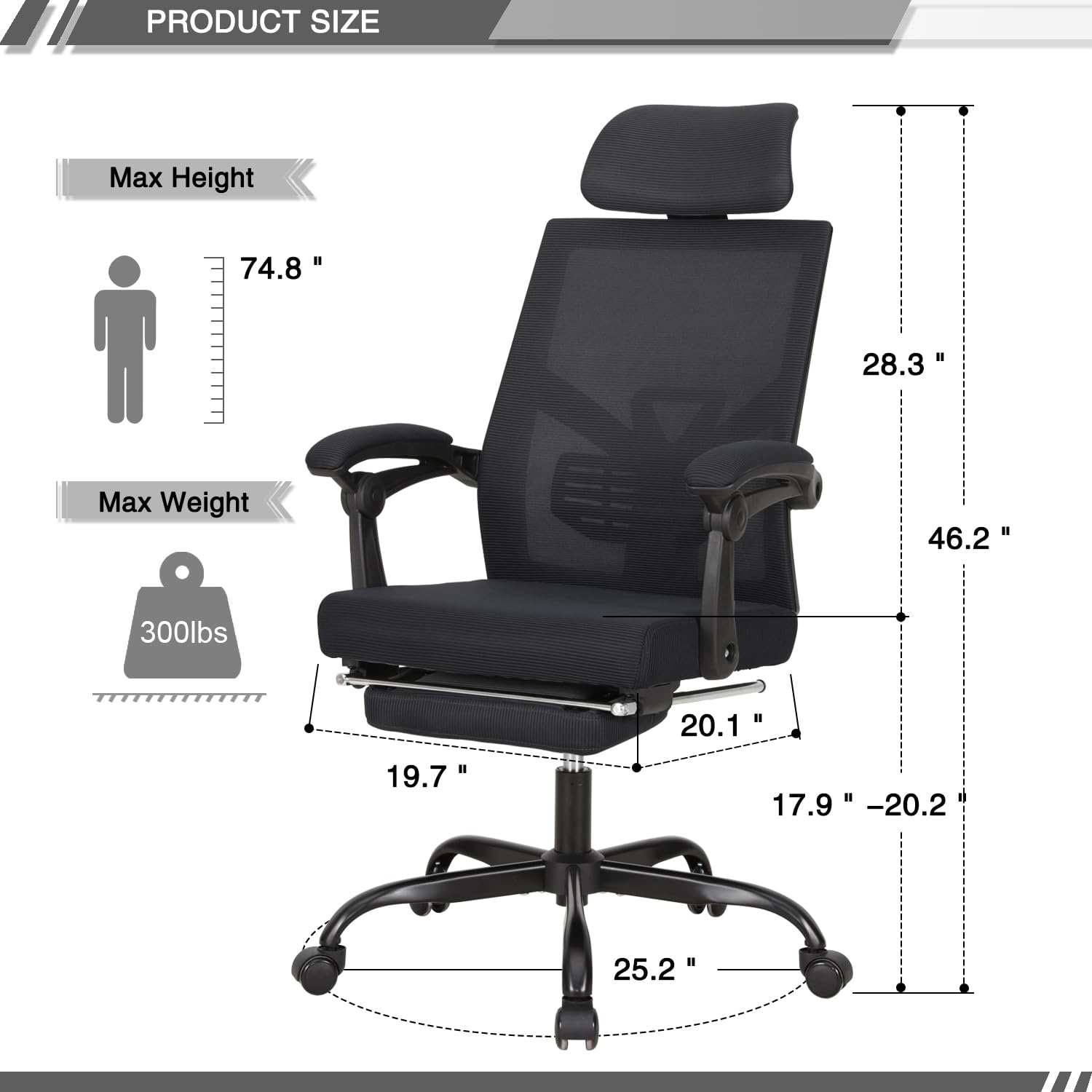 Qulomvs Mesh Ergonomic Office Chair with Adjustable Headrest, Lumbar Support & Footrest - 90-135° Reclining Home Office Desk Chair with 360° Swivel & Wheels - Perfect for Long Work Sessions, Gaming & Remote Work