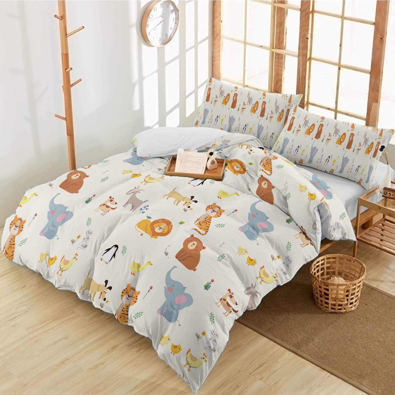 Premium 3-Piece Forest Animal Duvet Cover Set - Soft Luxury Printed Comforter with 2 Pillow Shams (Tiger, Lion, Elephant, Penguin) for Kids & Teens Bedroom Decor - Perfect for Nursery, Dorm Room or Cozy Wildlife-Themed Bedroom