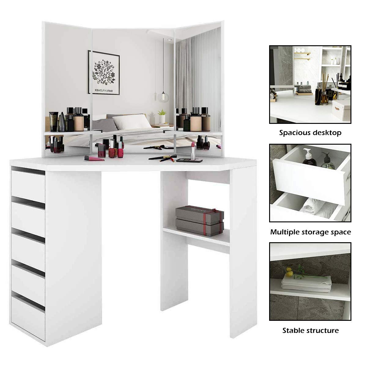 Corner Makeup Vanity Table with Mirror, Makeup Desk with Counter Space & 5 Drawers - Dressing Room & Bedroom Furniture for Women, Girls | Perfect for Home Beauty Salon, Bedroom Organization & Makeup Storage