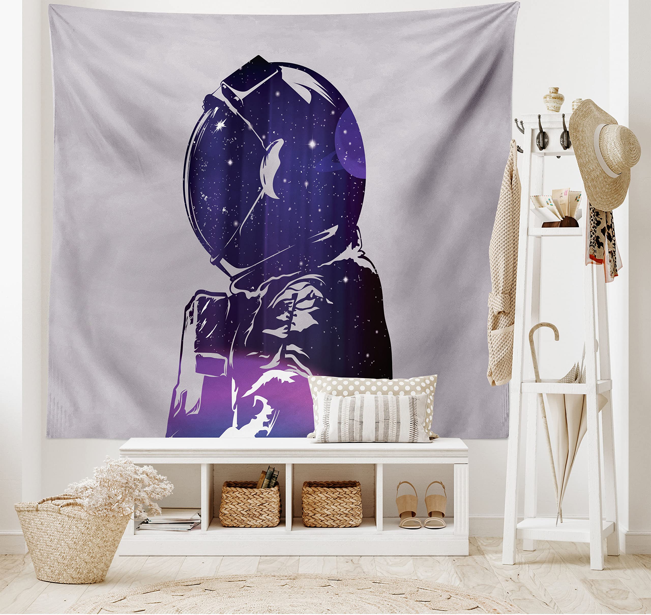 Ambesonne Outer Space Tapestry - Astronaut & Star Clusters Celestial Design, Purple Pink Cosmic Wall Art for Bedroom, Living Room, Dorm Decor (28x23 Inches) | Perfect for Space-Themed Rooms, Teen Bedrooms & Astronomy Lovers