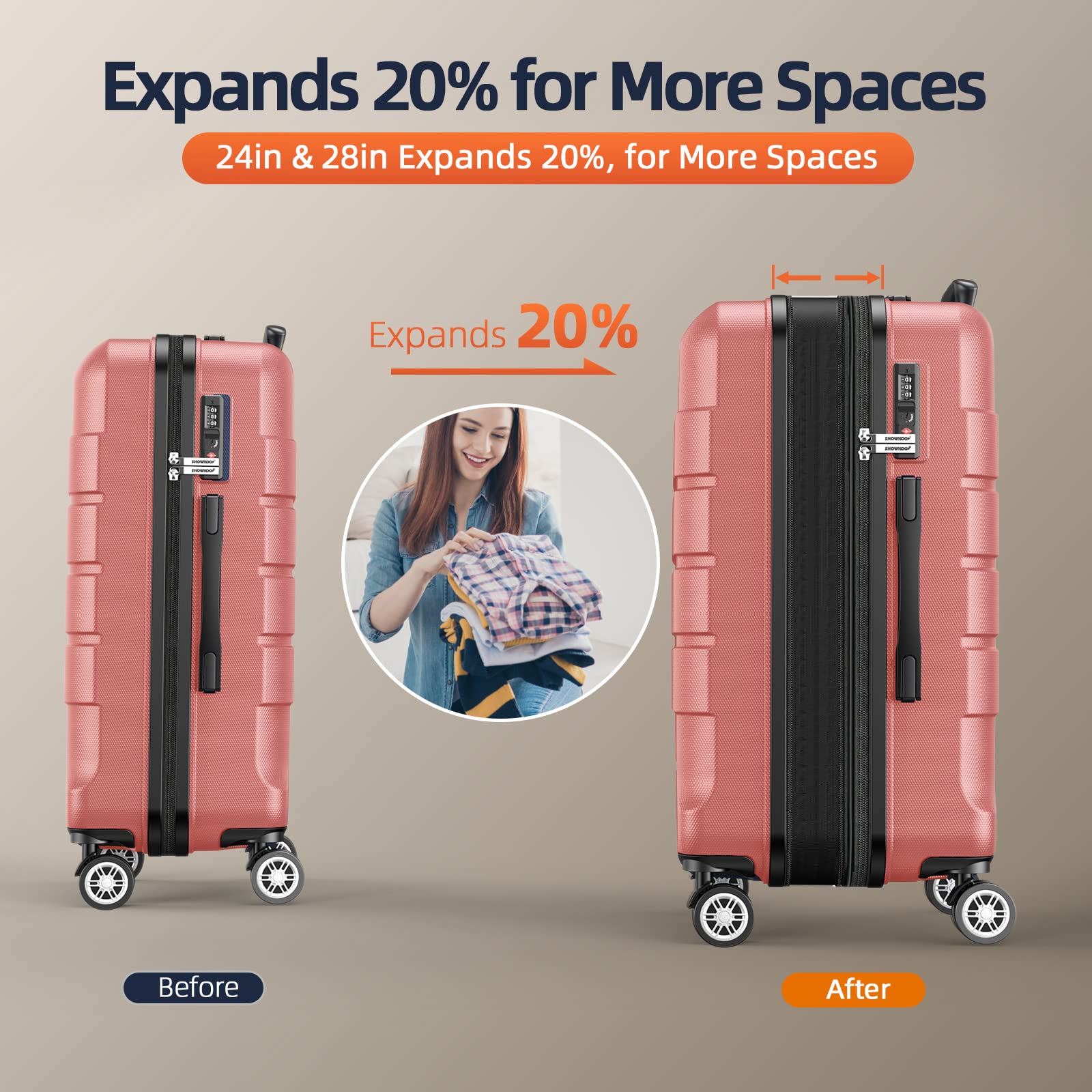 SHOWKOO Expandable 3-Piece Luggage Set with TSA Lock, Durable PC+ABS Suitcases, Double Spinner Wheels - Rose Gold | Perfect for Travel, Business Trips & Vacations