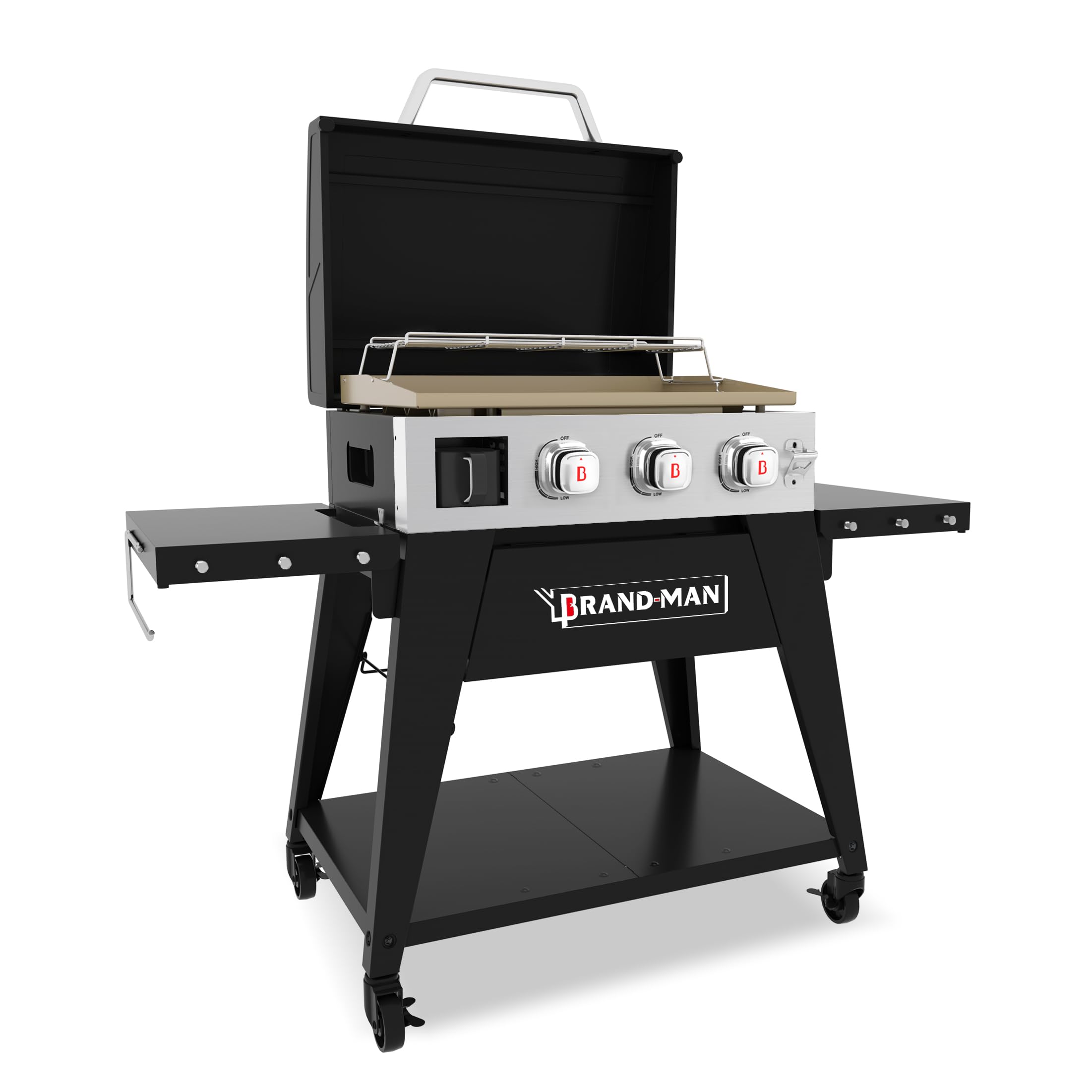**Brand-Man 3-Burner Propane Griddle – 28,000 BTU Flat Top Gas Grill with Lid, Folding Side Tables, Warming Rack & Rolling Cart – Perfect for Outdoor BBQ, Camping, Tailgating, and Backyard Cooking**