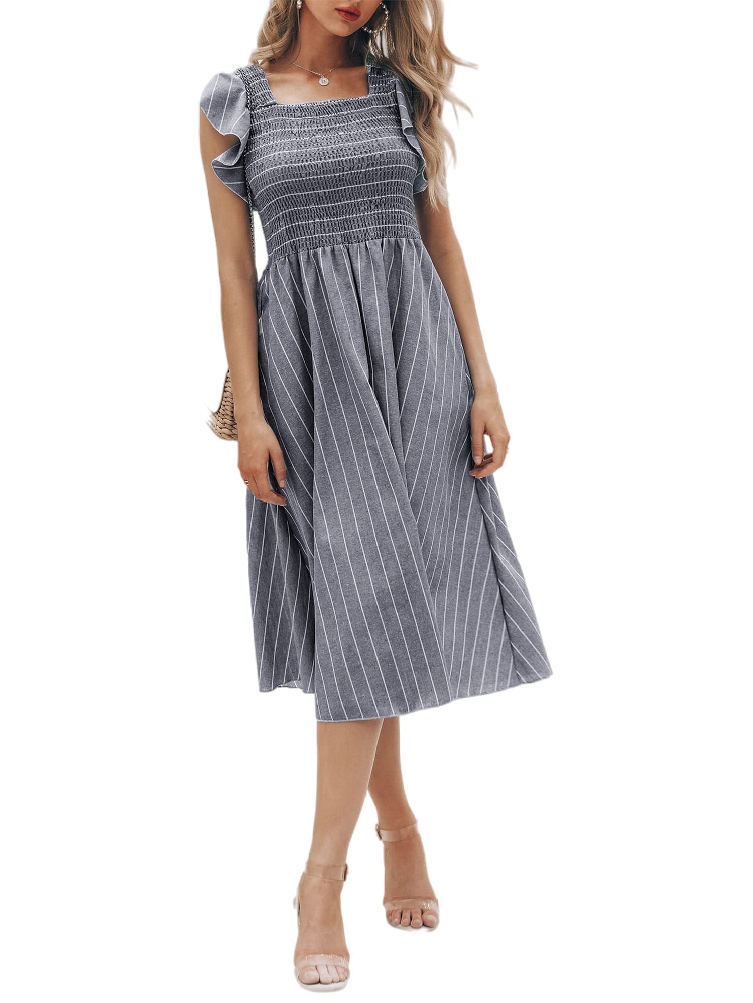 BerryGo Women's Striped Linen Square Neck Long Dress - Elegant Eyelet Ruffle Cap Sleeves Midi Dress for Summer, Beach, Vacation & Casual Wear