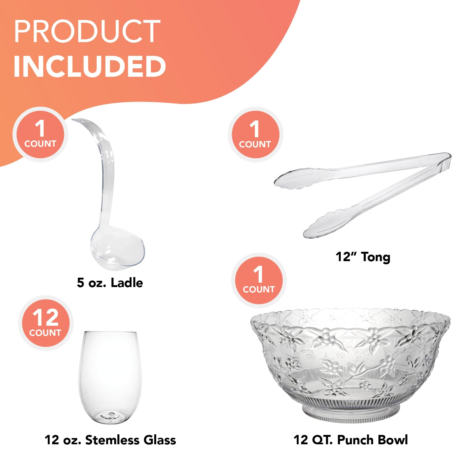 12-Quart Clear Hard Plastic Embossed Serving Bowl Set with Ladle, Tongs & 12 Stemless Wine Glasses - Perfect for Punch, Salad, Snacks & Treats at Parties, BBQs, Picnics & Family Gatherings